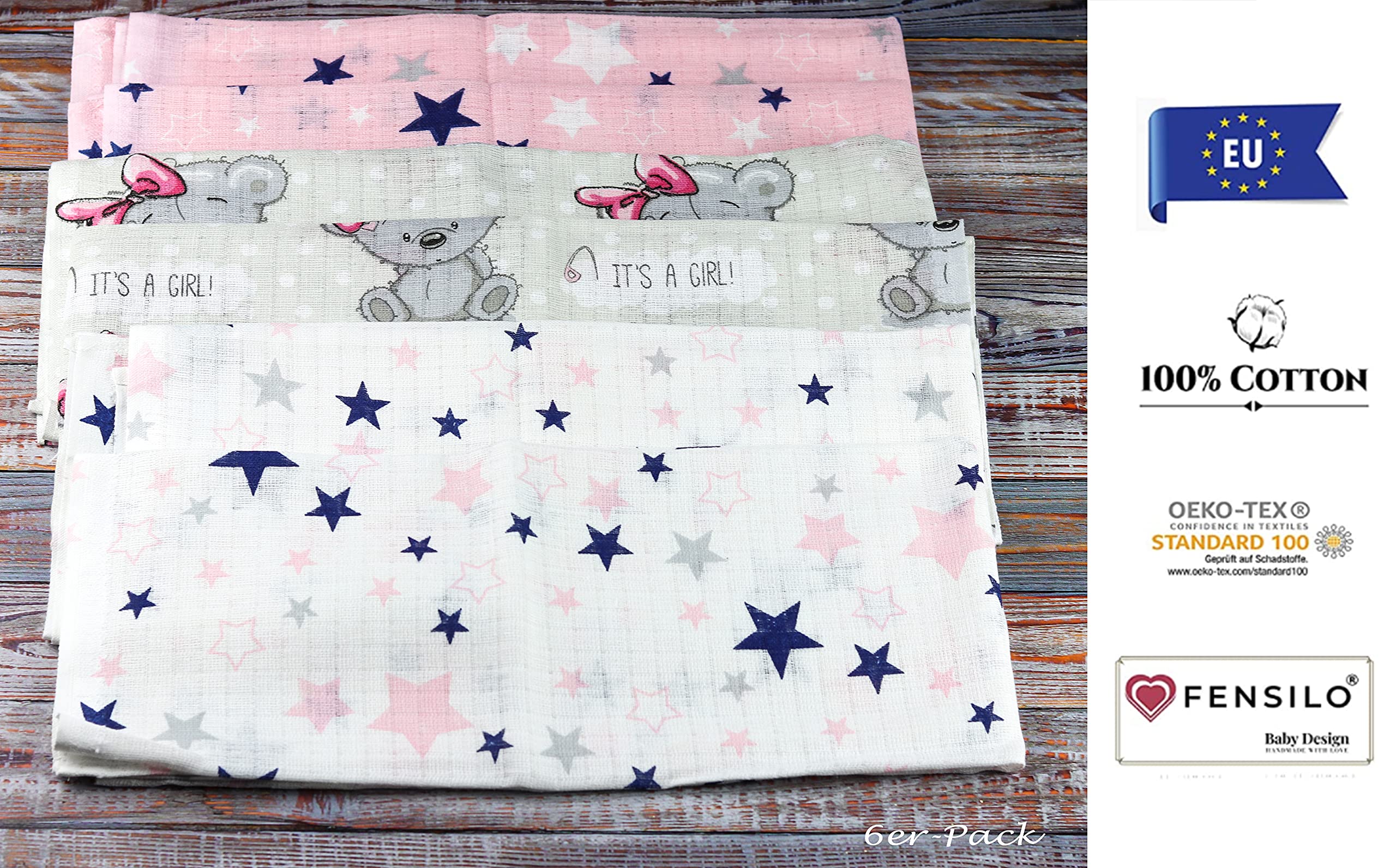 FENSILO - Mulltücher - Mullwindeln - 6er Pack 70x80 cm - Stoffwindeln, Made IN EU, schadstoffgeprüft - Spucktücher Set für Mädchen – Baby Mullwindeln- Rosa - Oeko-TEX Zertifiziert - 3