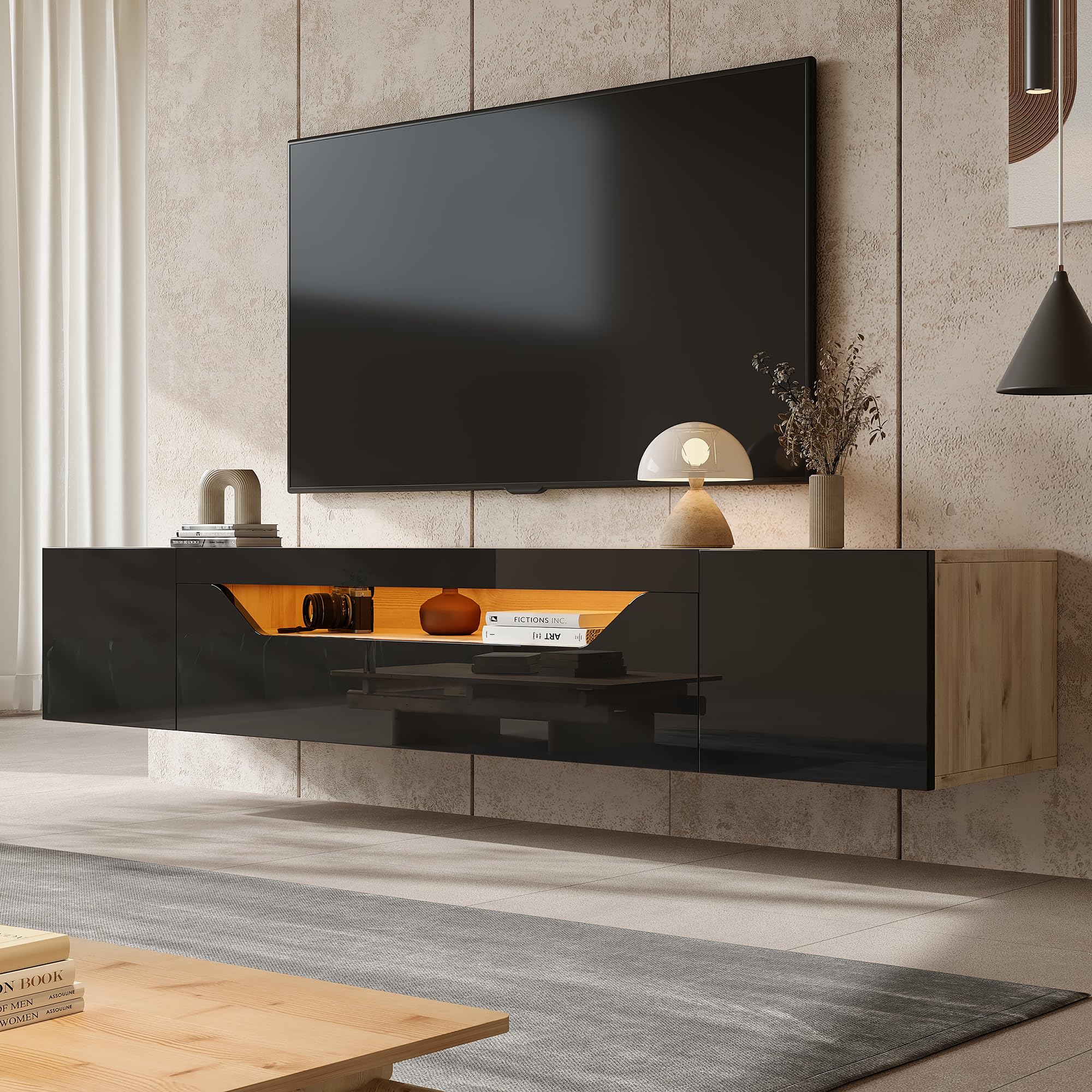TV-Schrank 180 cm hängend mit LED für 75 Zoll, Schwarz-Holzoptik