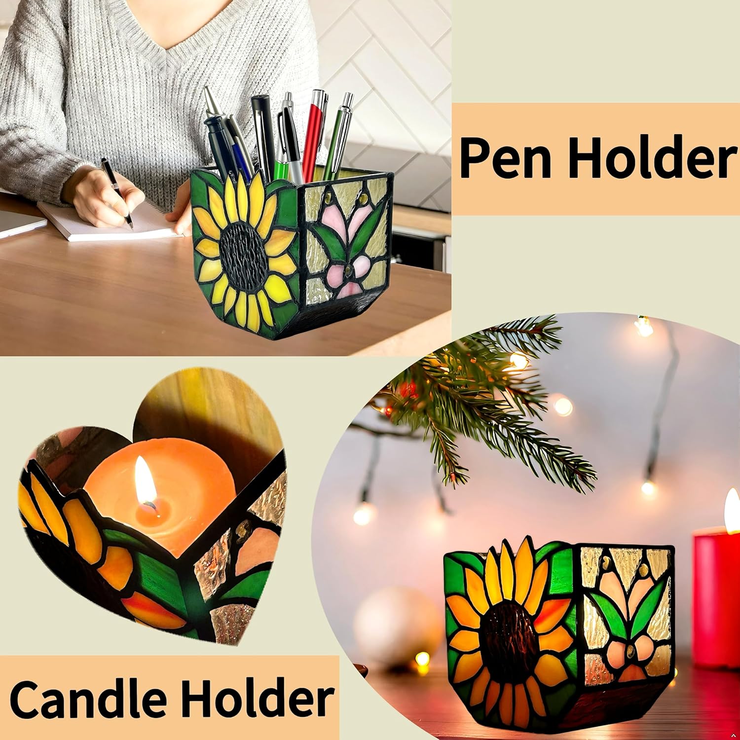 Stained Glass Sunflower Garden Planters,Indoor Plant Pots with Drainage,Unique Plant Pots for Dried Flowers,Sunflower Gifts,4.6 x 3 x 5.15 in