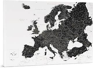 Trip map Schwarzweiß Europa Karte - Leinwand Karte Pinnwand mit Pins - Europakarten Kork Zum Markieren - Kunstdruck auf Echtholz Keilrahmen - Detailliert Europa Pinnwand Karte Stecknadeln