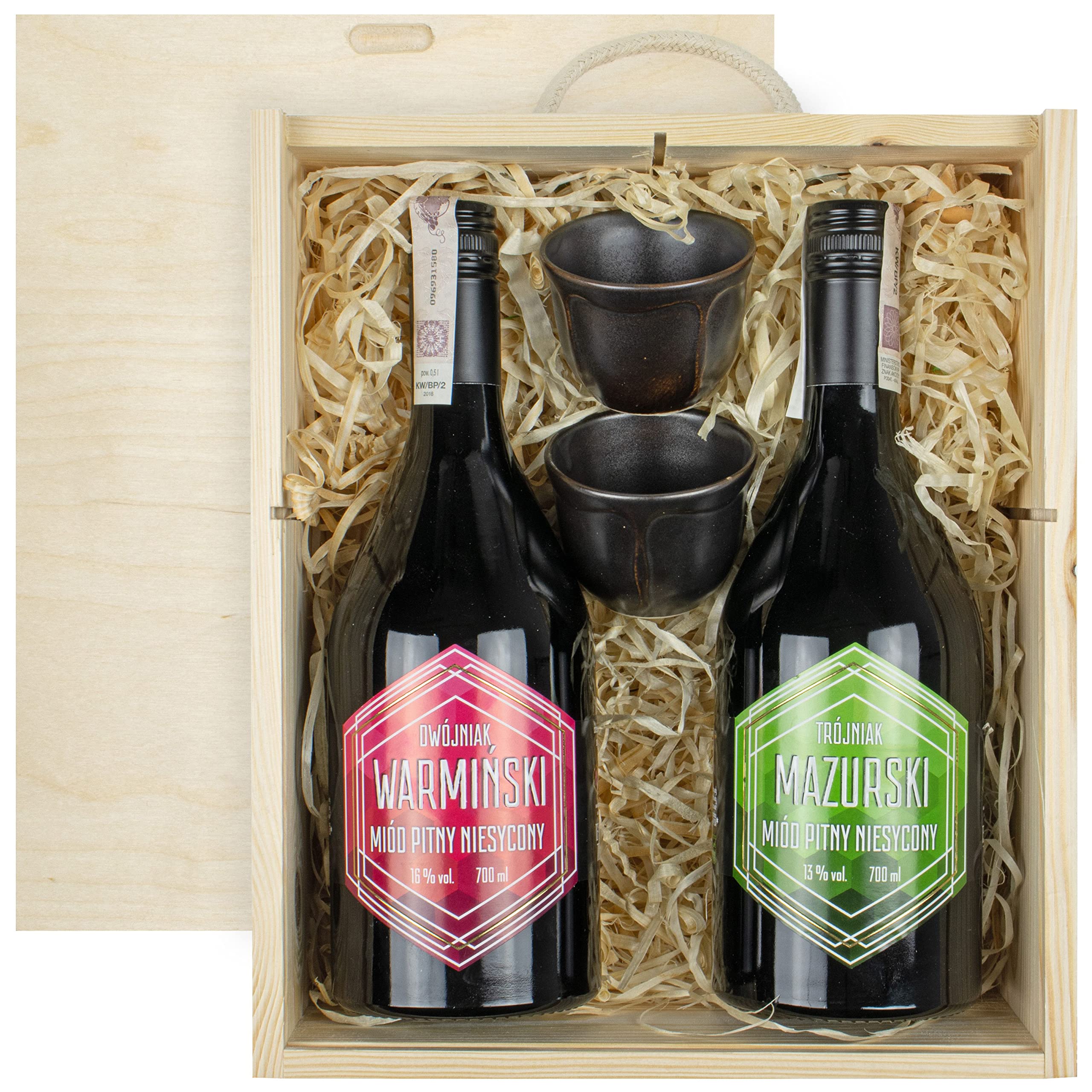 Geschenkset mit 2 Mets und 2 kleinen Keramikbechern in Holzbox | Warmiński Dwójniak- Halber, Mazurski Trójniak-Drittel| Honigwein 1400ml | 13-16% Alkohol Metwein | Polnische Produktion