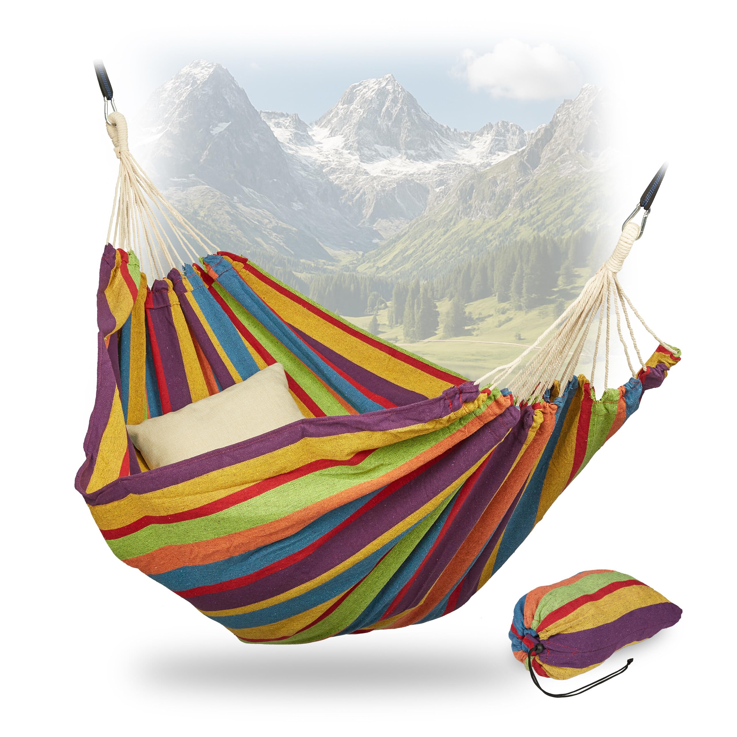 Relaxdays Hamaca de Algodón, 150 x 190 cm, con Set de Fijación, hasta 300 kg, Portátil, Cama Colgante, Multicolor