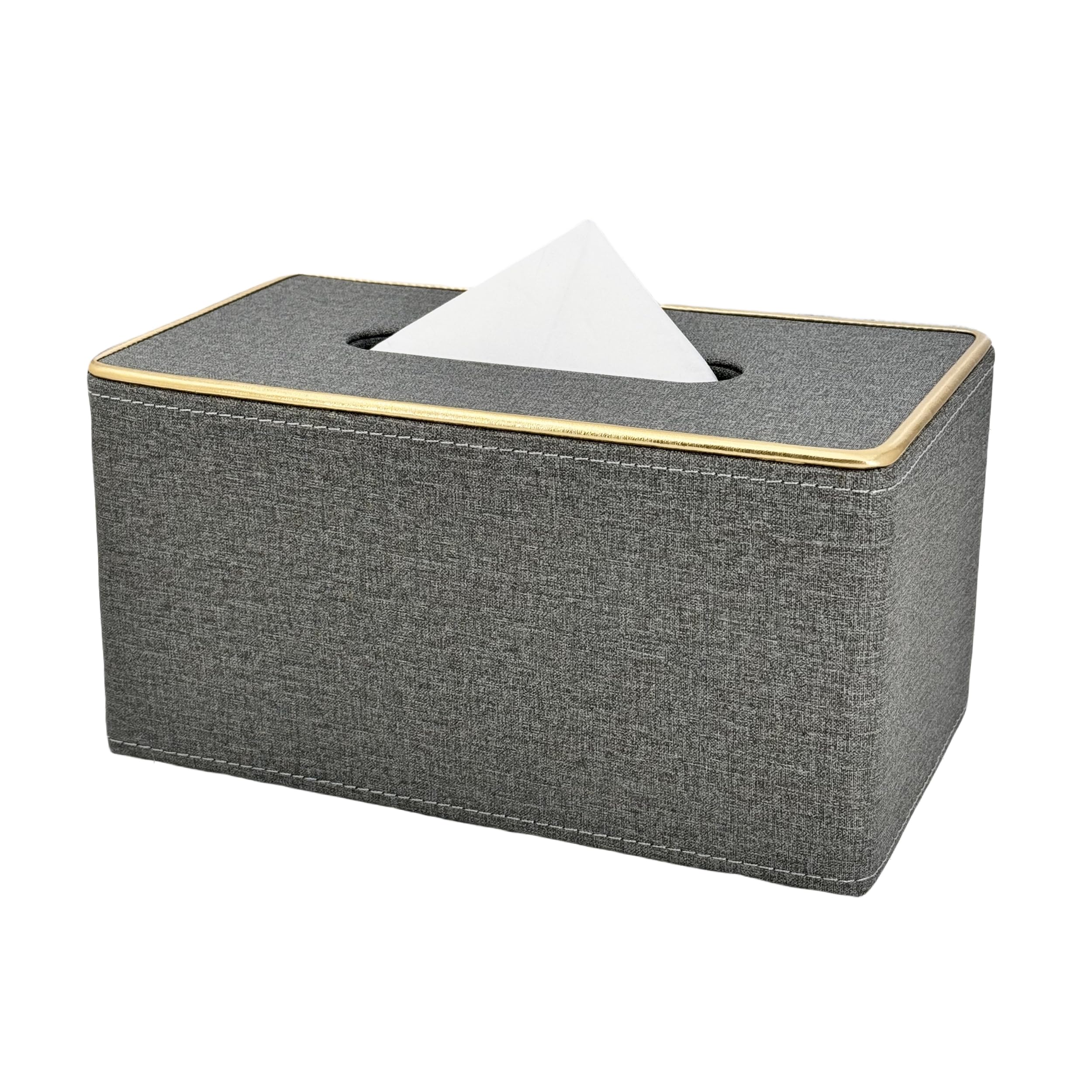 Arniche Linen Pattern Leather Cube Tissue Box Cover,Rectangle Tissue Holder with Gold Edging Decoration,Table Napkin Case Dispenser with Velcro Bottom for Office,Home or Hotels etc(Grey Plus)