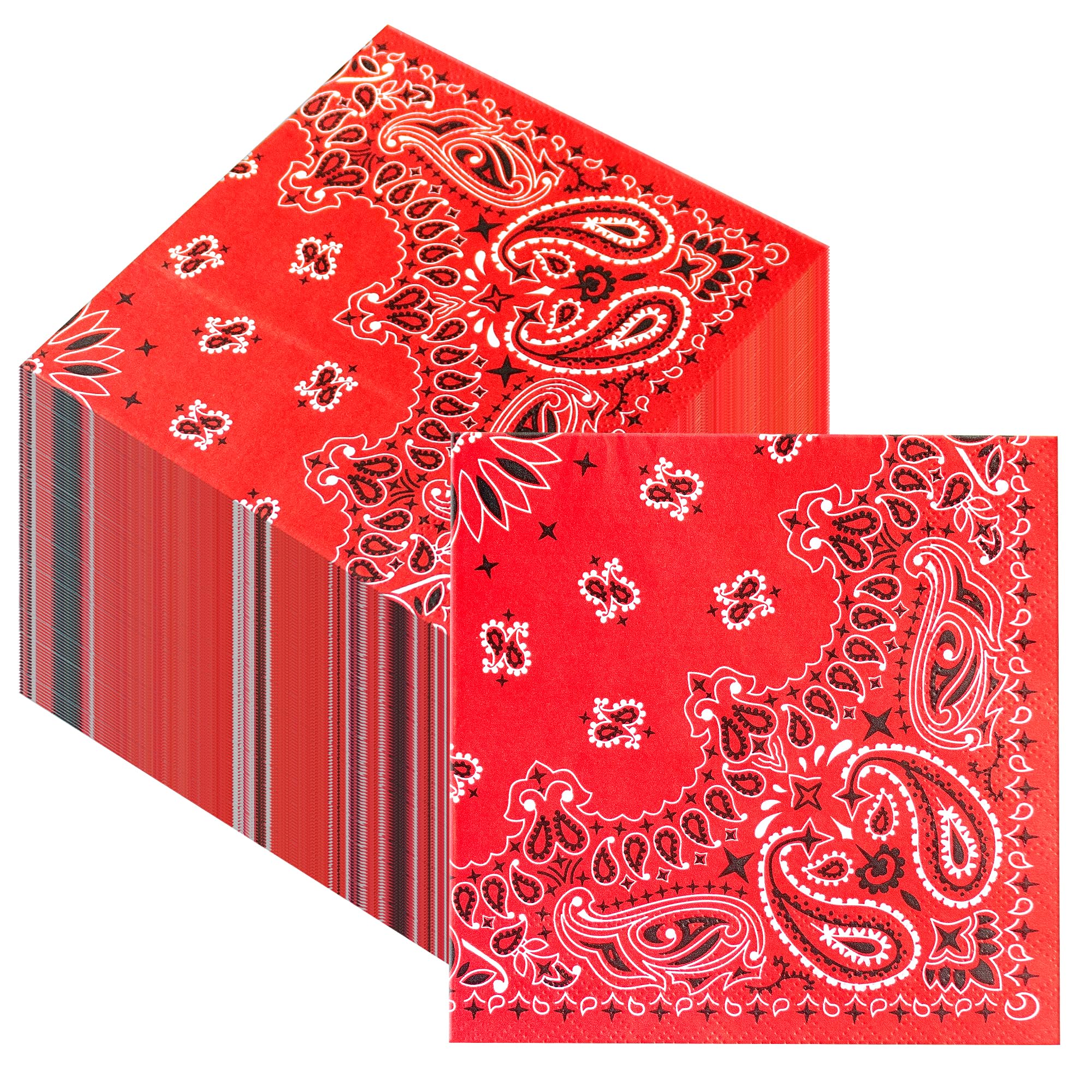 RVXHUA 100PCS Red Bandana Cocktail Napkins, 3-Ply Disposable Paisley Print Beverage Napkins, Western Cowboy Theme Party Supplies for Birthday, Wedding