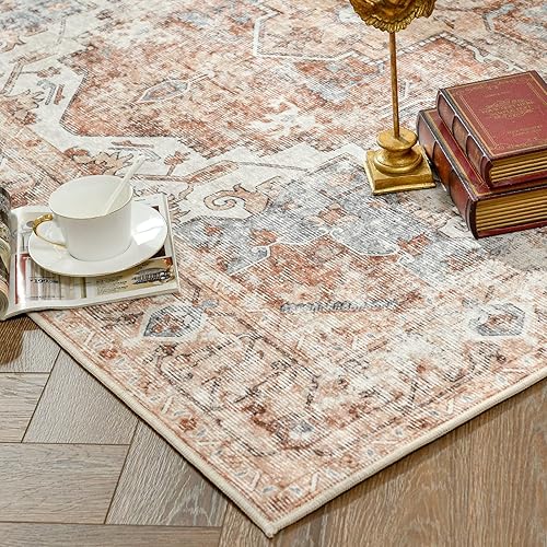 Miniatura 9 de jinchan - Alfombra persa para interiores, con estampado, color rojo ladrillo, envejecida, delgada, de felpilla, ligera, que contrasta con la