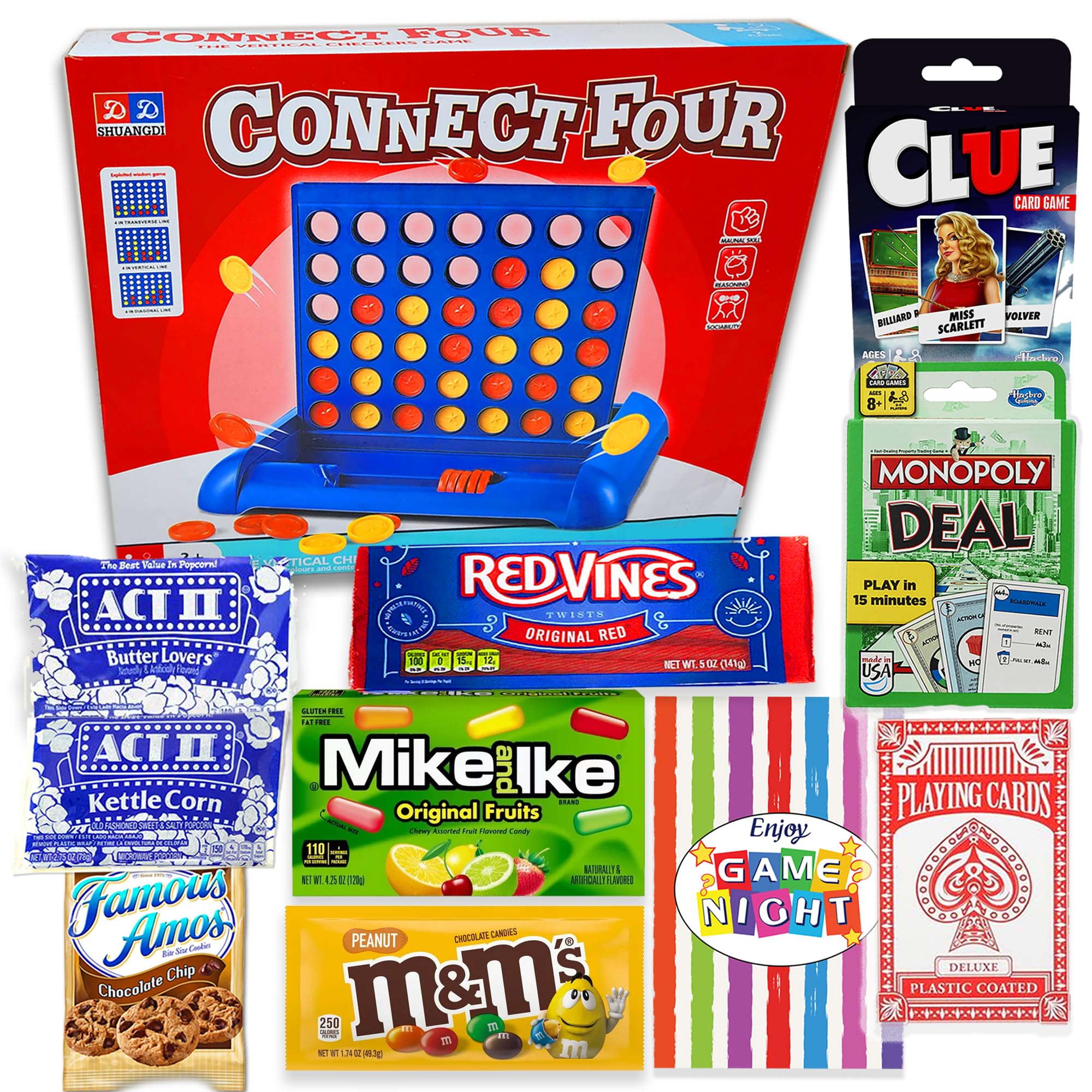 GAME NIGHT Gift basket for family, kids, teens & adults | Playing cards & classic games 4 in a row, Candy & snacks gift box for child’ s birthday or