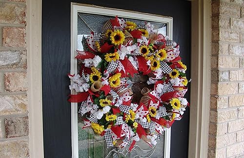 Miniatura 6 de Bright Spring Summer Red Polka Dot Sunflower Deco Mesh Front Door Wreath, Porch Patio Decor, Indoor Outdoor Decoration