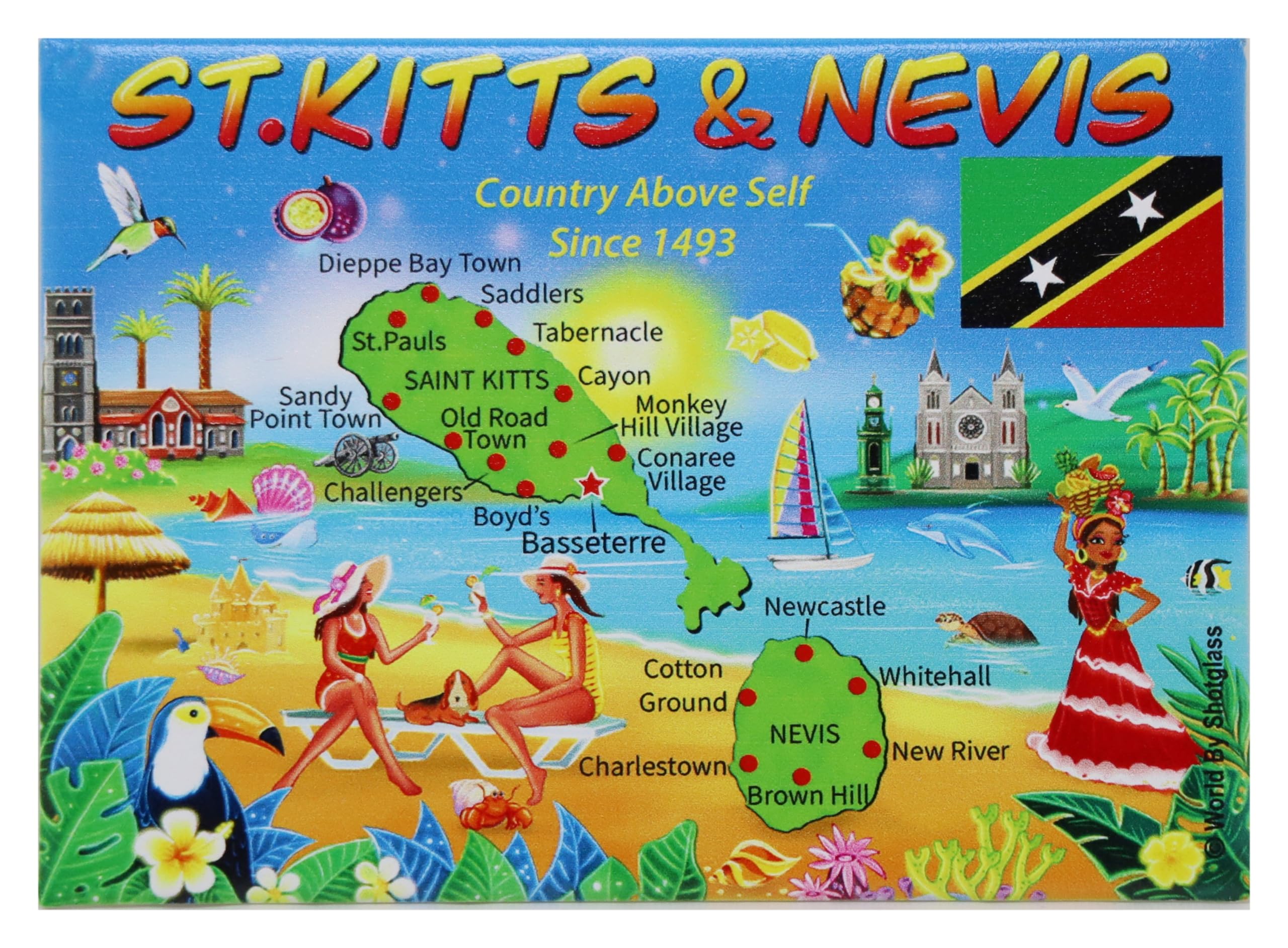 St. Kitts & Nevis Graphic Map and Attractions Souvenir Fridge Magnet 2.5" X 3.5"