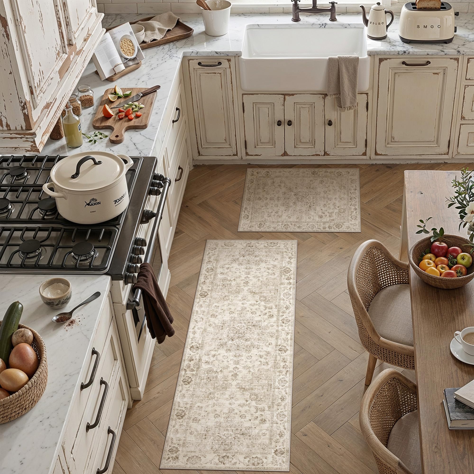 2 Piece Beige Neutral Kitchen Rug Set