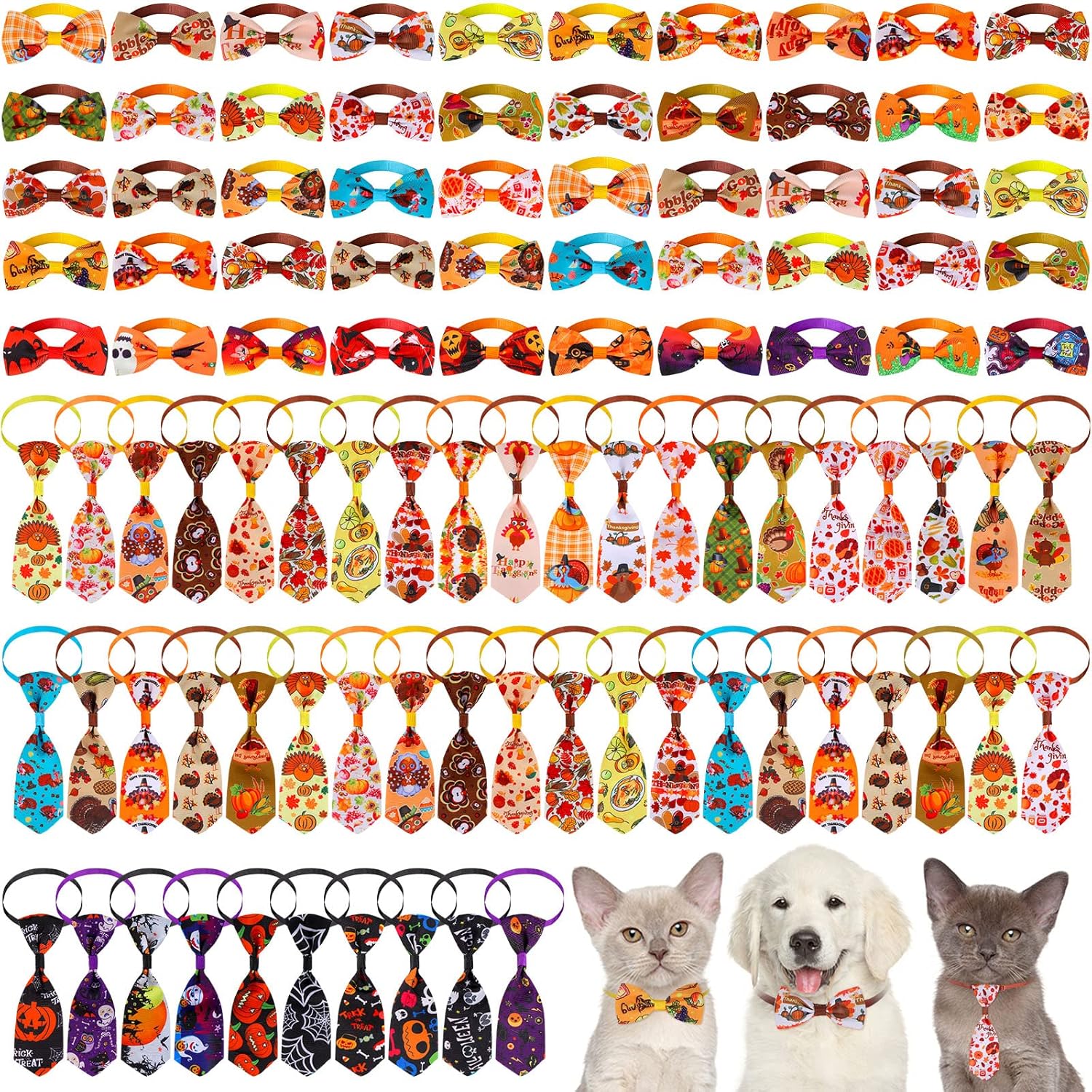 Reginary 100 Pieces Thanksgiving Dog Bow Tie Collar Set with 50 Bow Tie and 50 Necktie Thanksgiving Fall Halloween Themed Pet Decoration for Small Medium Pet Cat Supply