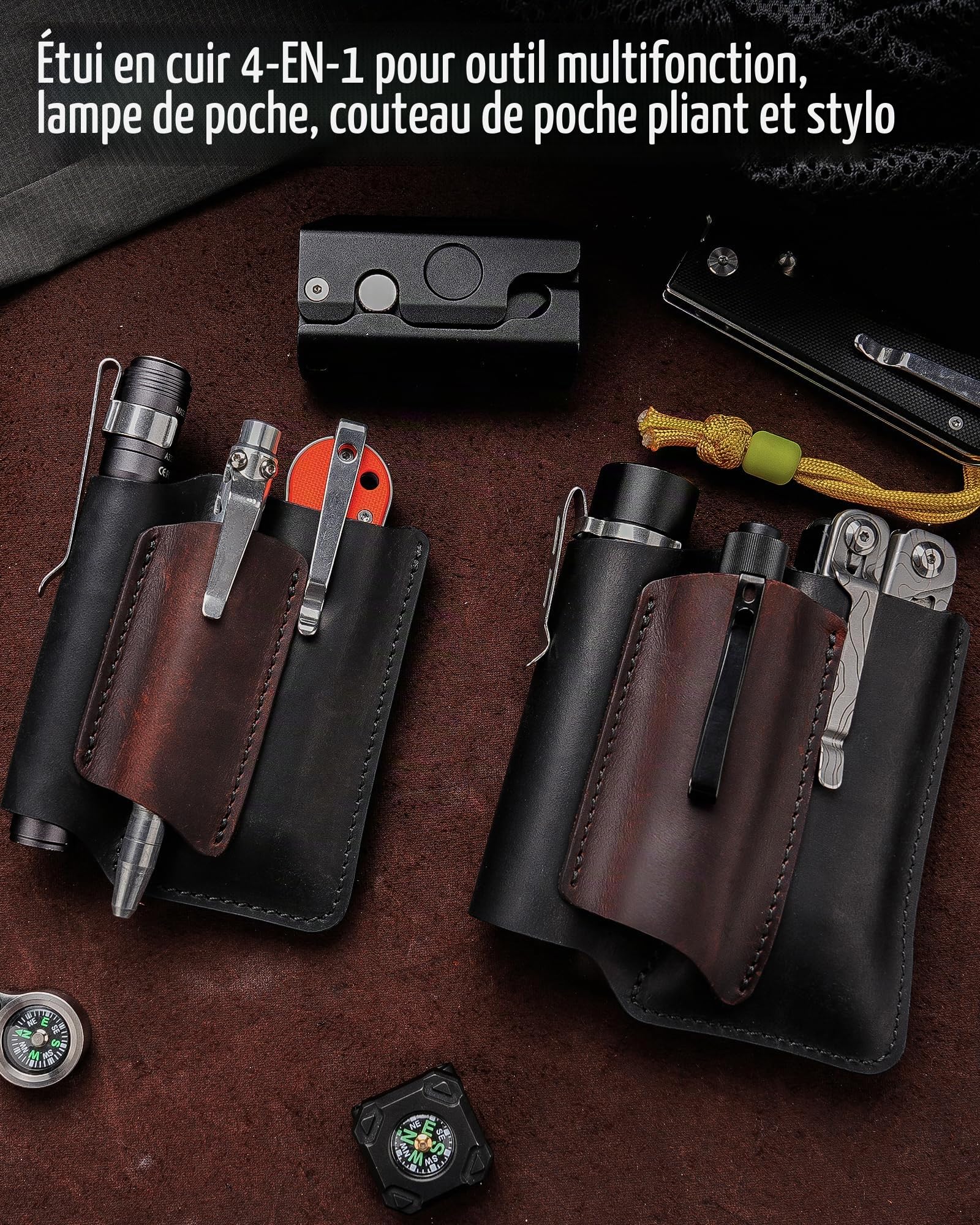 Étui EDC en Cuir VIPERAED PJ38, étui Multifonction en Cuir à 4 Poches, étui EDC Portable pour Homme, Lampe de Poche, Stylo, Couteau de Poche Pliable, Outil Multifonction
