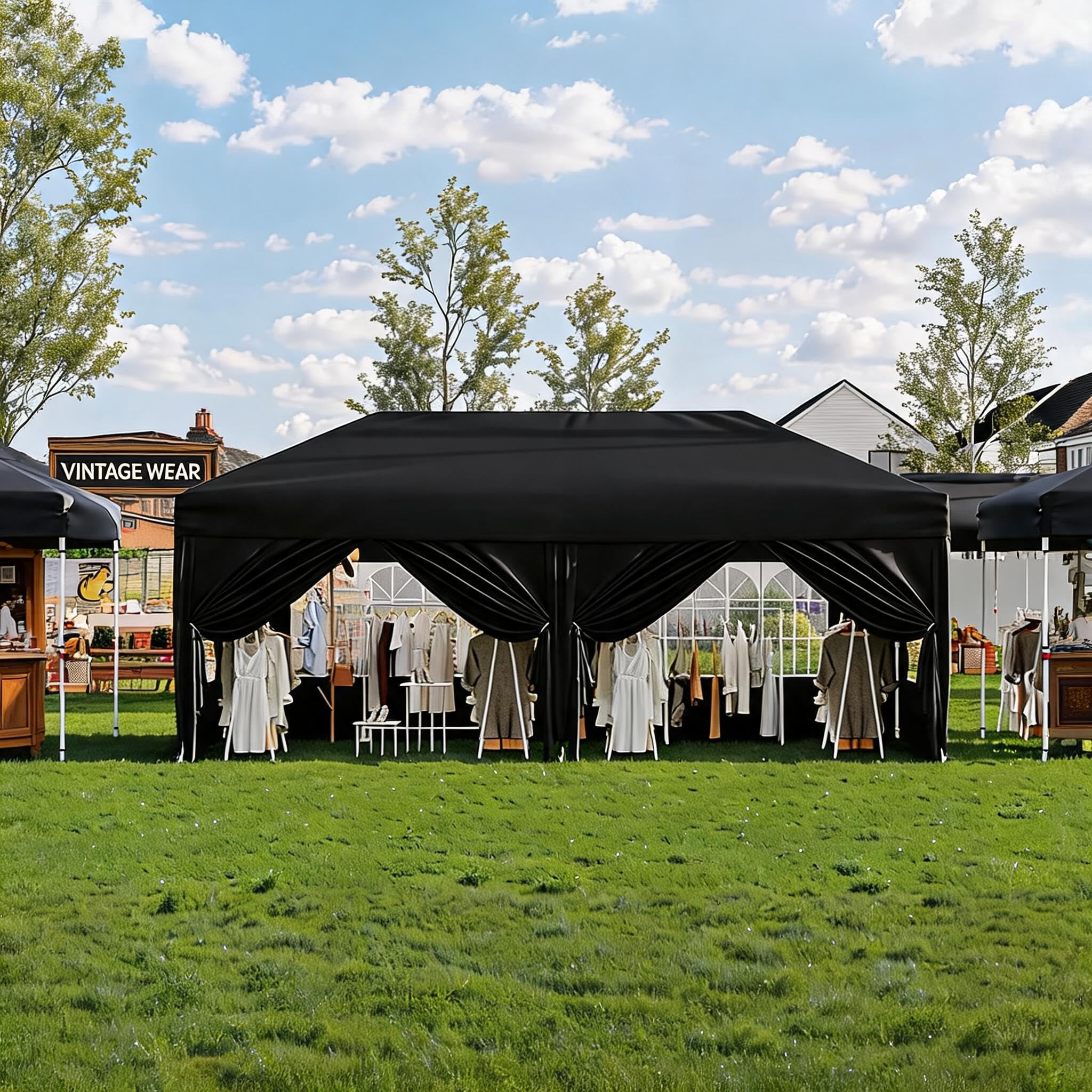 3x6 m Pop Up Gazebo with 6 Sidewalls, Instant Setup Waterproof Outdoor Canopy, UPF 50+, Portable Carry Bag, 3 Adjustable Heights, 4 Weight Bags, 8 Stakes & 6 Guy Ropes for Garden & Camping, Black
