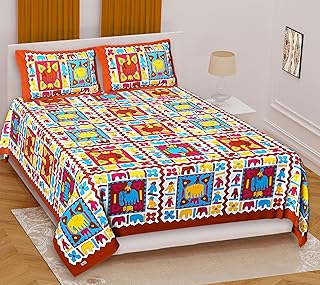 Marusthali Indian Hand Block Print bedsheets Queen Rajasthani Printed Cotton Bed sheets Flat sheet Bedding Set Blanket Bed Cover 90 x 100 Inches (Orange)