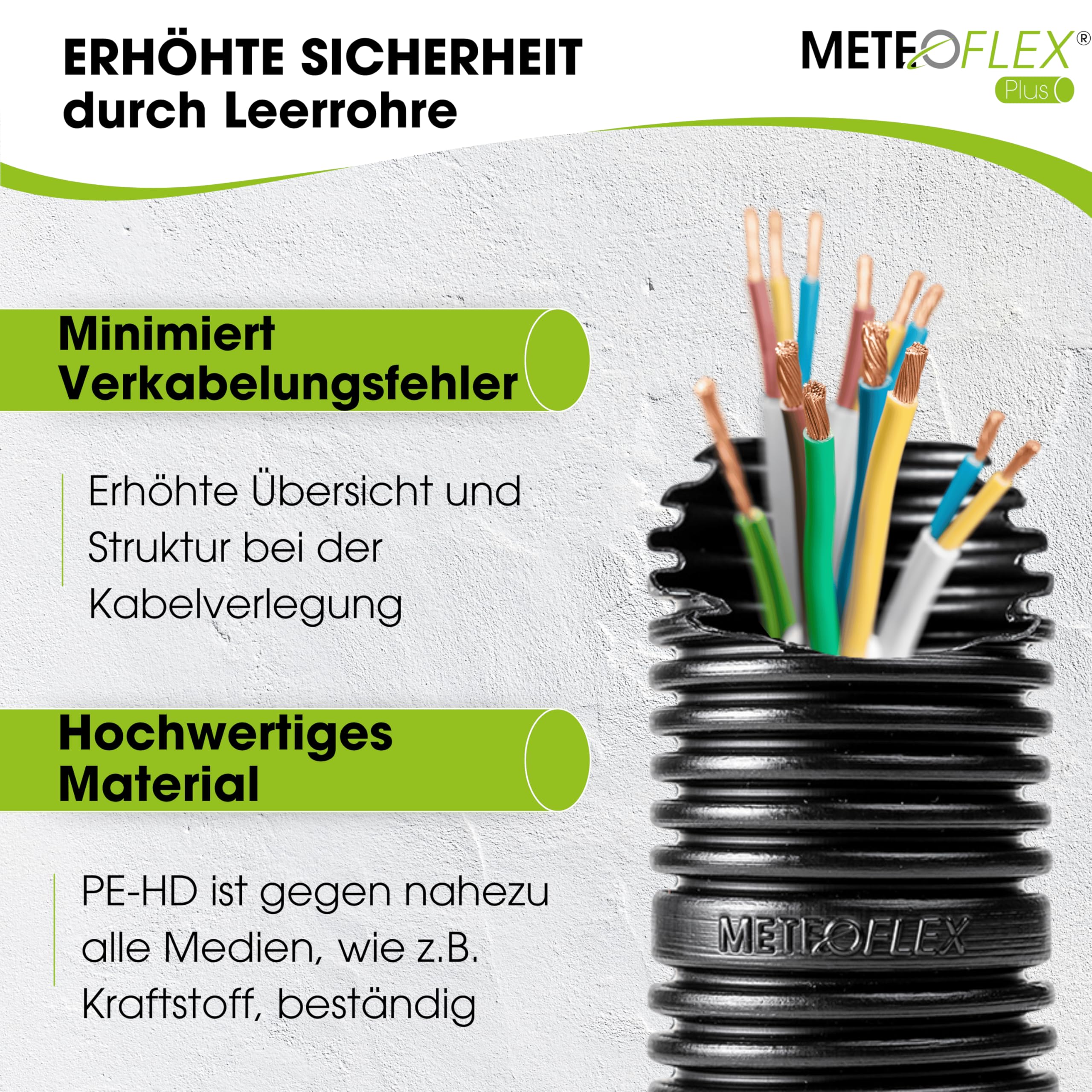 METEOFLEX PLUS Leerrohr 750N M16 / M20 / M25 / M32 / M40 / M50 aus PE-HD - Wellrohr für Erdreich, Erdverlegung, Außenbereich, Beton, etc. - hohe Druck- & Schlagfestigkeit (M25-50m)