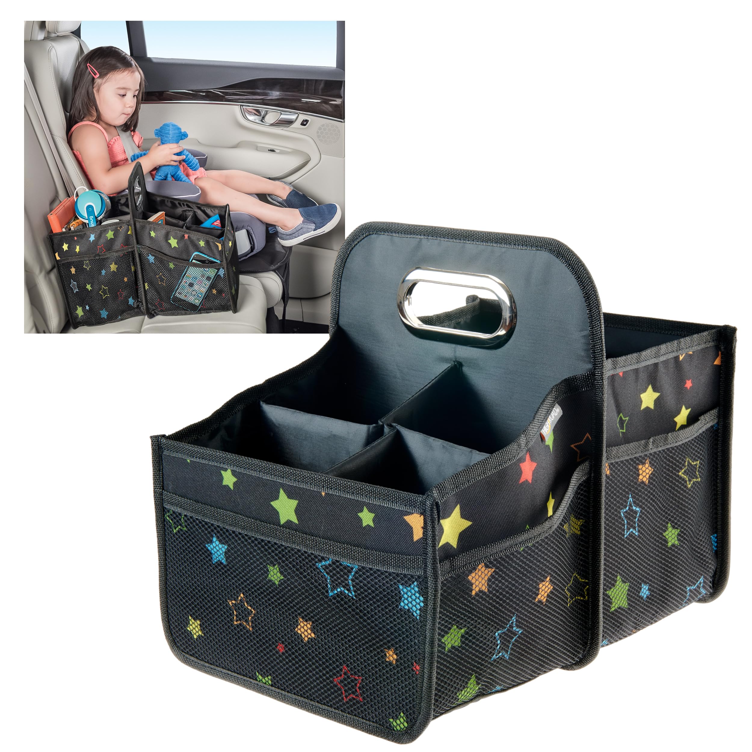 High Road Car Seat Organiser with Cup Holders - Middle Seat Car Organiser for Kids or Passenger Seat Organiser for Drivers - Portable Car Storage Container with Easy Carry Handle