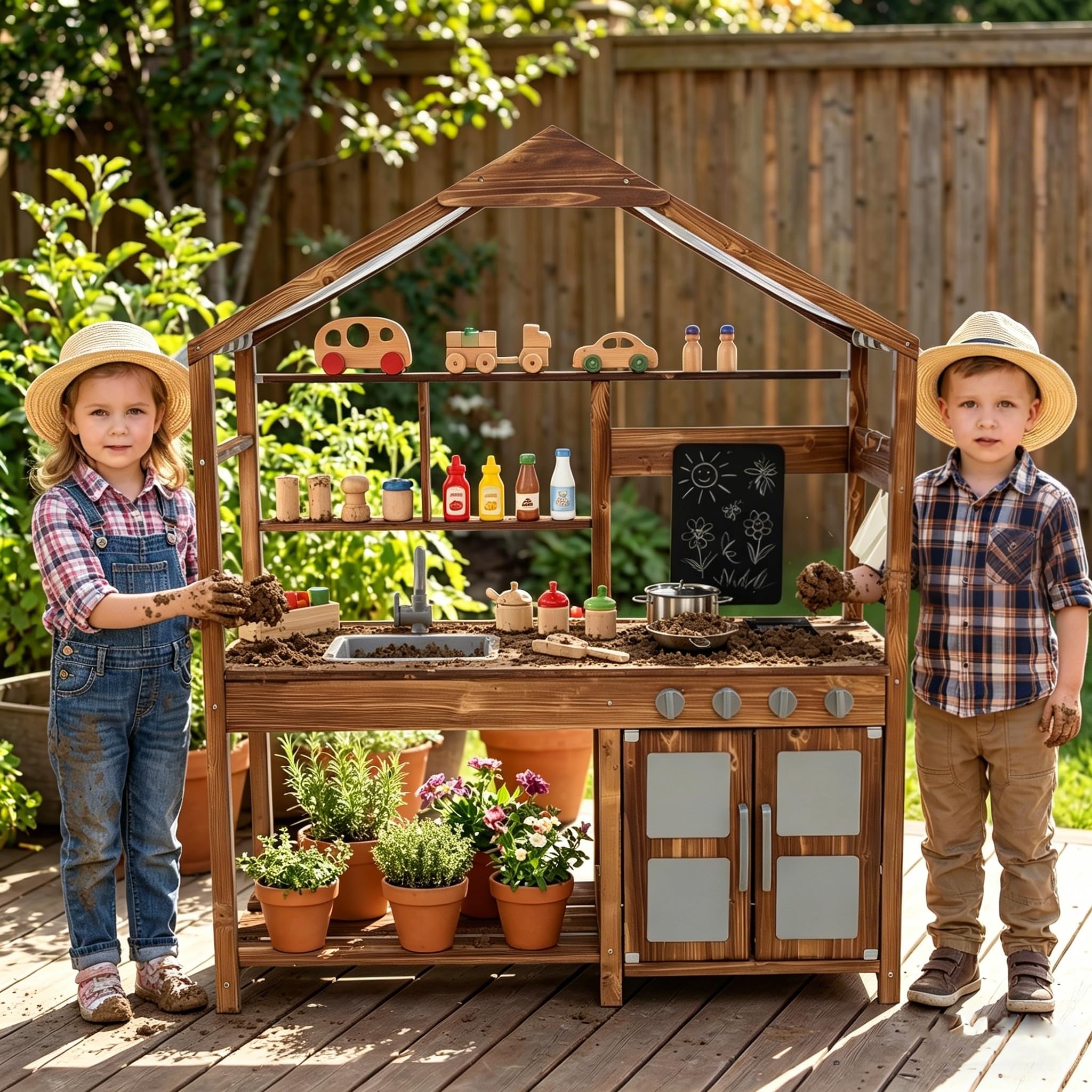 Costzon Mud Kitchen for Kids Outdoor, Wooden Pretend Play Kitchen w/Canopy