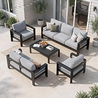 Solaste Aluminum Patio Furniture Set for All Weather, Oversized Metal Outdoor Furniture Set with 27.5" Deep Seating and 3.2" Wide Armrest, Patio Conversation Set with 5" Cushion, Black and Grey