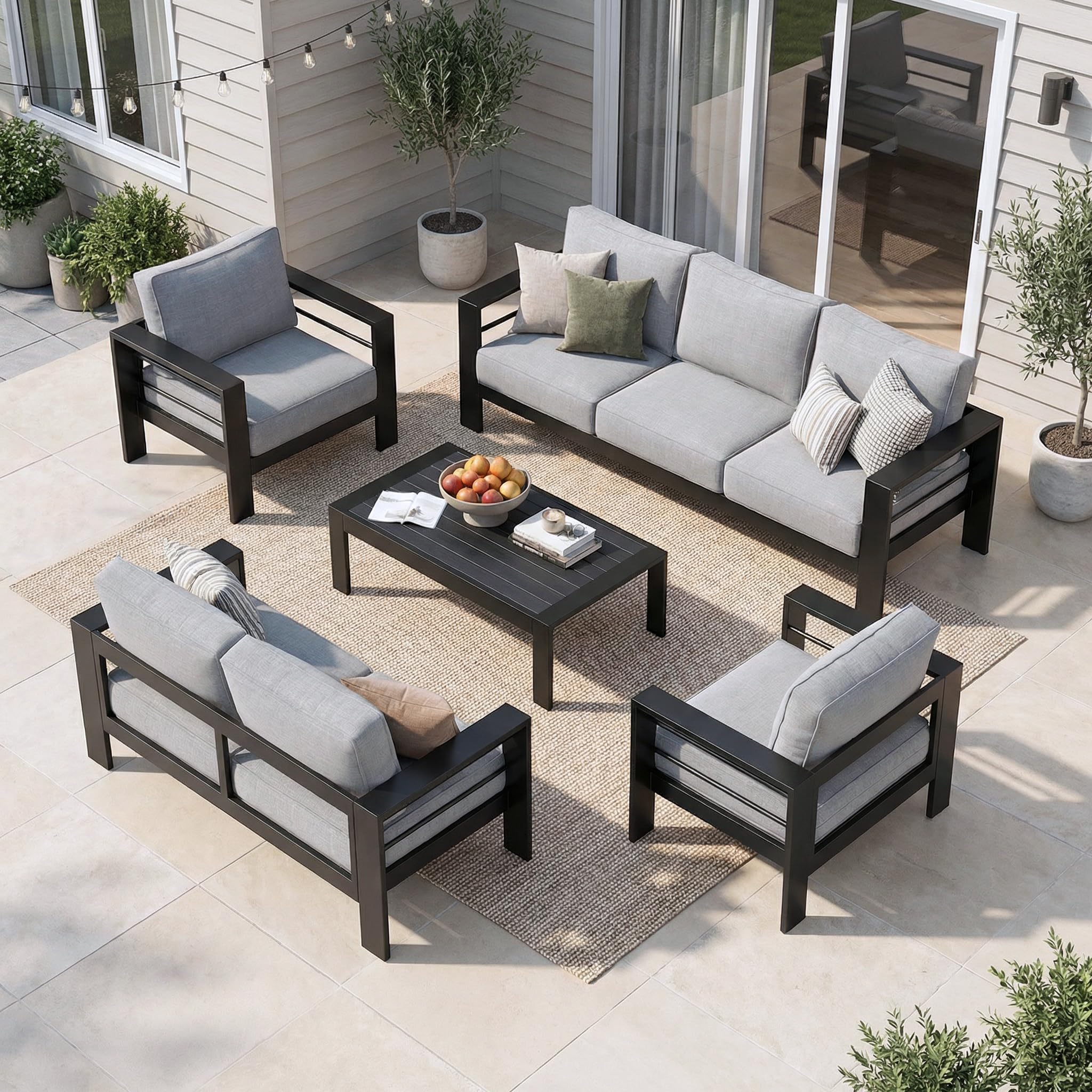 Solaste Aluminum Patio Furniture Set for All Weather, Oversized Metal Outdoor Furniture Set with 27.5" Deep Seating and 3.2" Wide Armrest, Patio Conversation Set with 5" Cushion, Black and Grey
