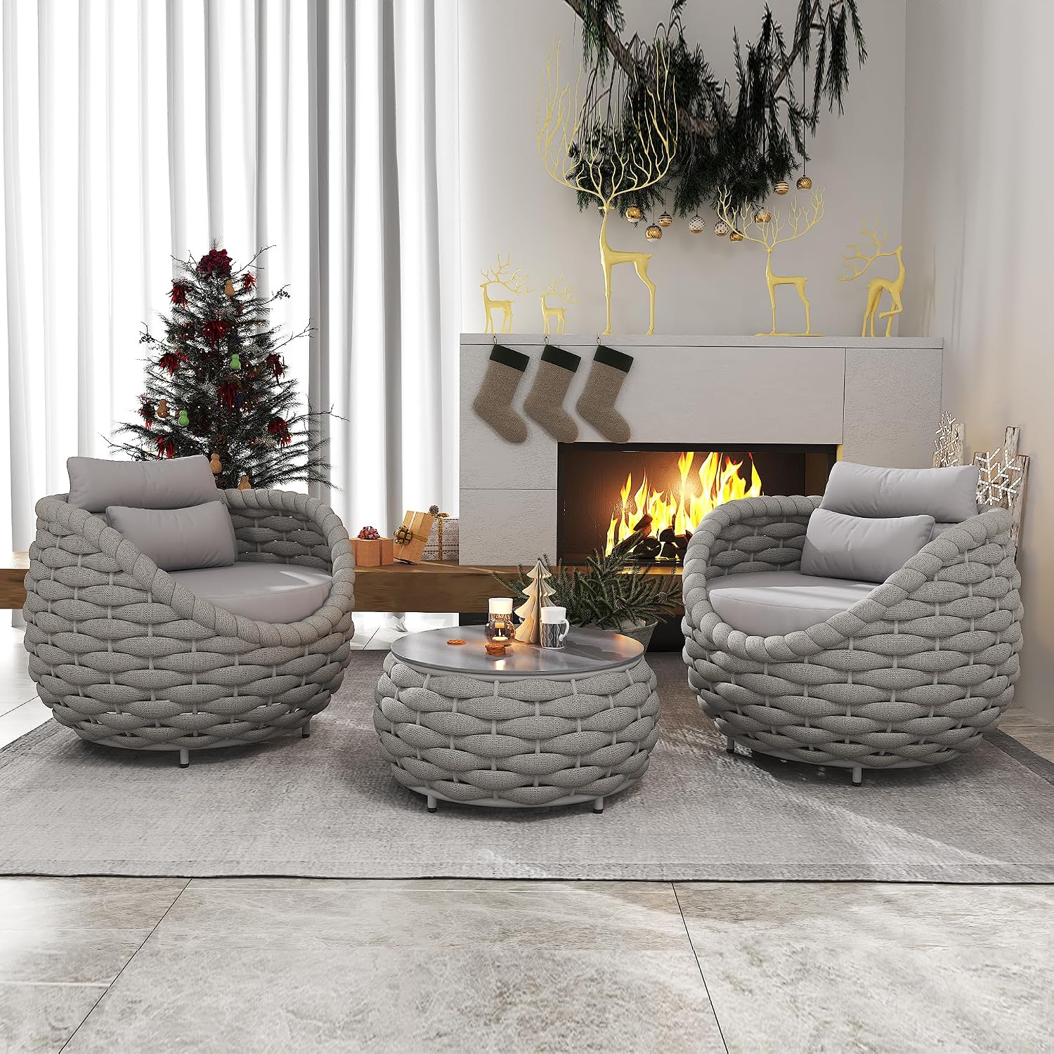 Conversation Set Aluminum Outdoor & Indoor Sofa Modern Patio Furniture Set with Soft Cushion and Coffee Table for Balcony Garden (Grey)