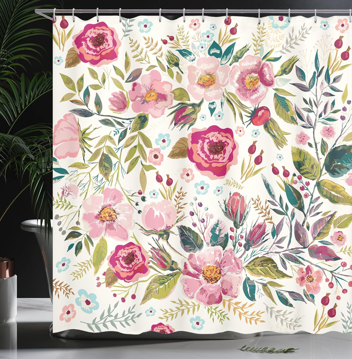 Ambesonne Floral Shower Curtain, Shabby Form Flowers Roses Petals Dots Leaves Buds Spring Season Theme Image, Cloth Fabric Bathroom Decor Set with Hooks, 69" W x 70" L, Magenta