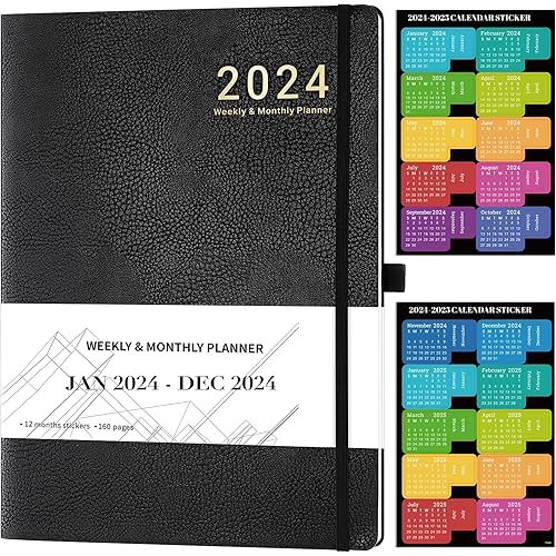 2024 Planner - 2024 Weekly Monthly Planner, January 2024 - December 2024, 8.5" x 11", Leather Cover Planner 2024 with Thick Paper, Back Pocket with Notes Pages - Black