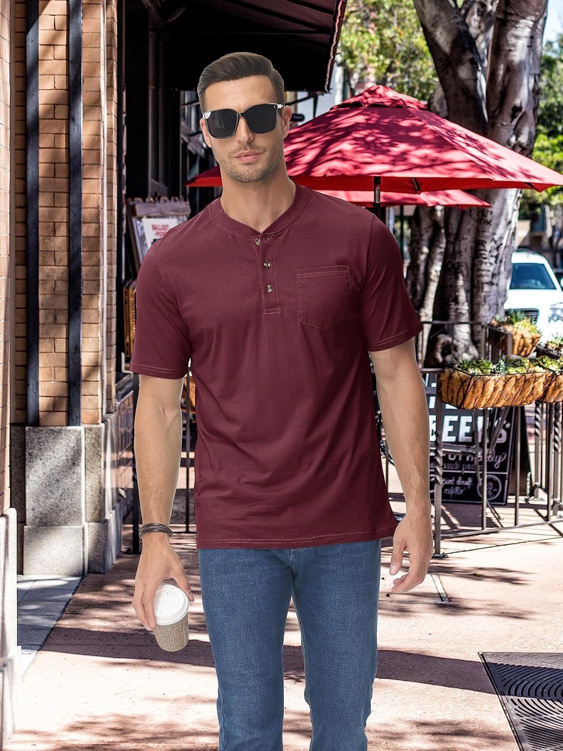 TACVASEN Men's Henley Shirt Cotton Short Sleeve 3 Buttons Chest Pocket Casual T Shirt Lightweight Shirt Solid Color