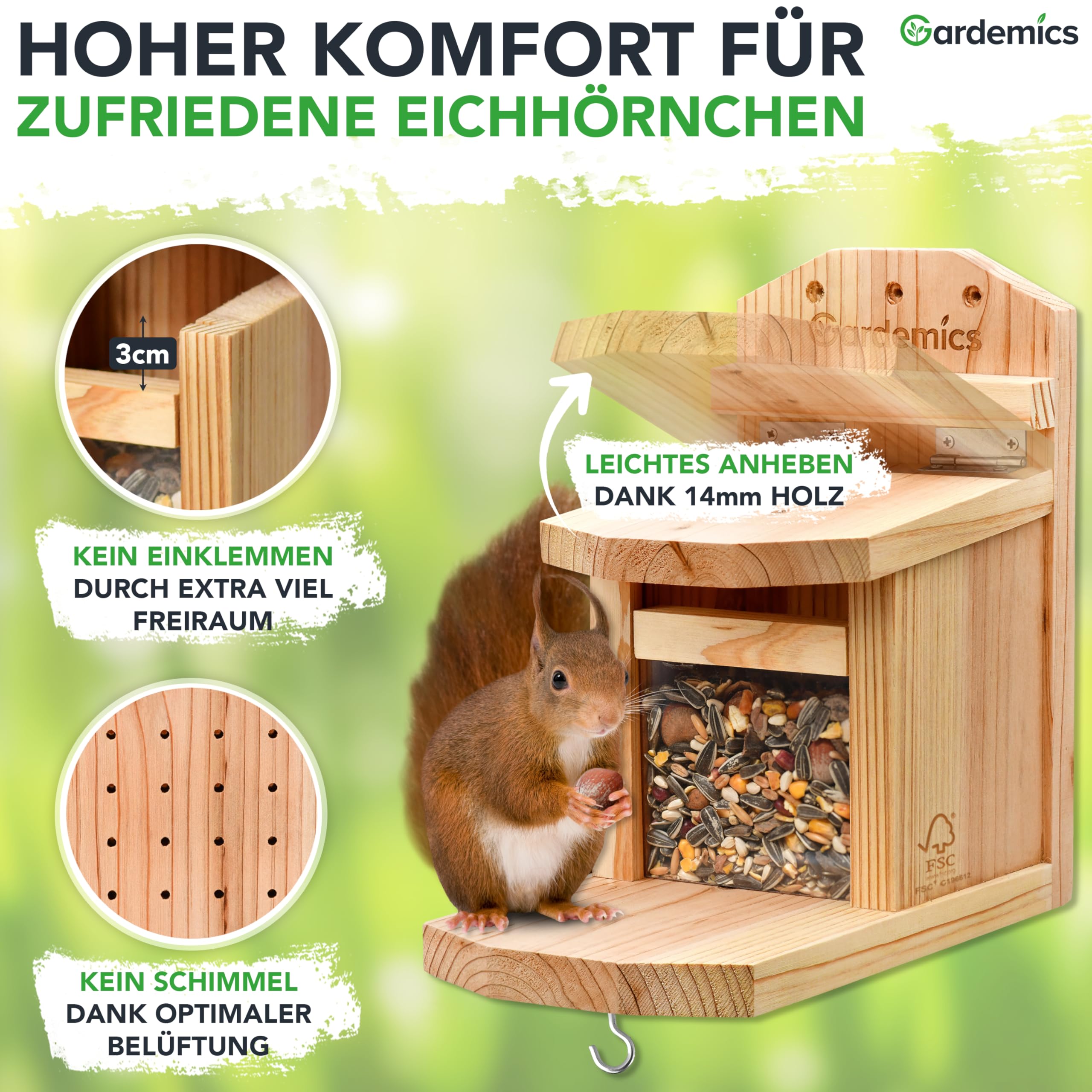 Gardemics Eichhörnchen Futterhaus wetterfest - Stabiles Eichhörnchen Haus aus verschraubtem Holz mit unbedenklicher Leinöl-Beschichtung - Eichhörnchen Futterstation inkl. Belüftungslöchern