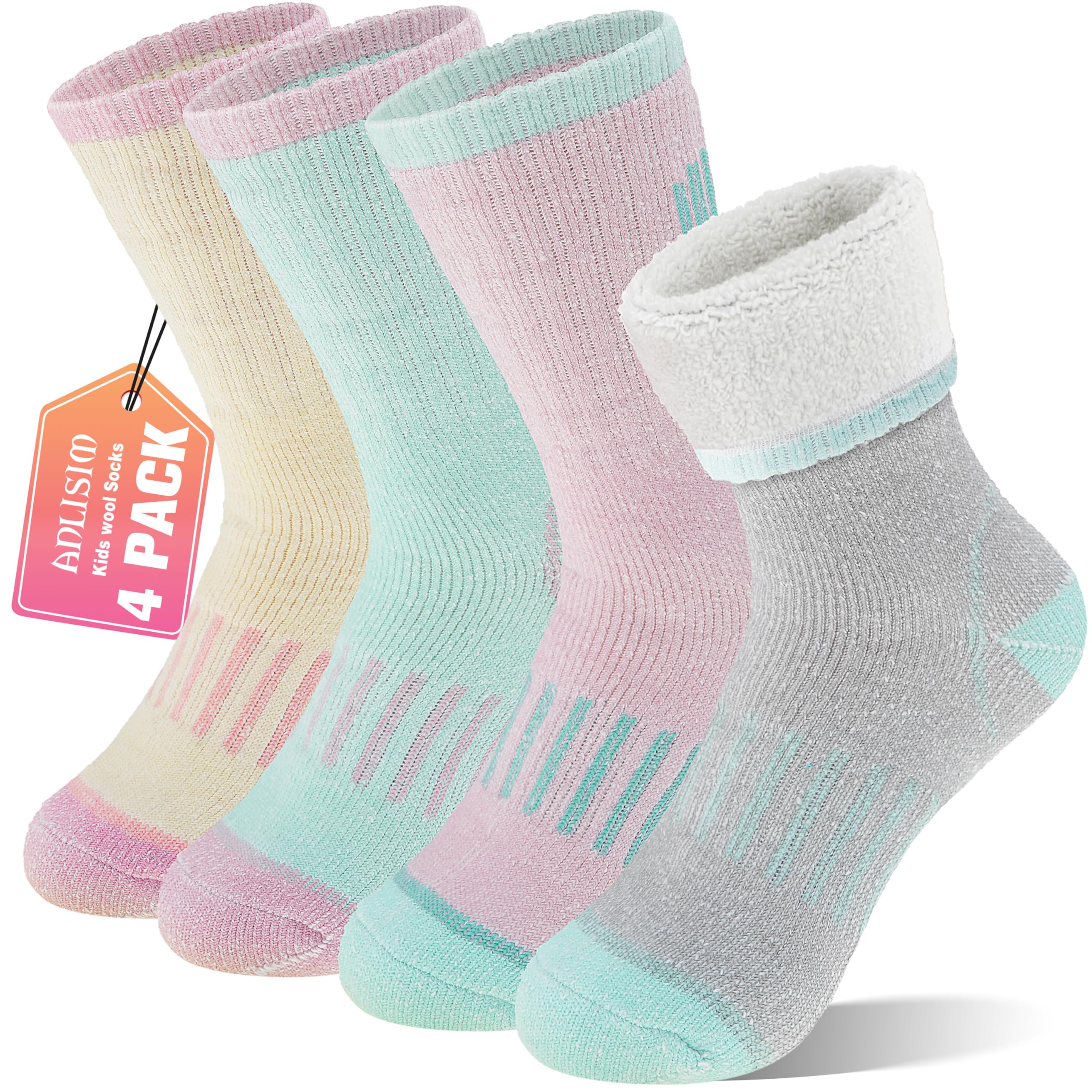 Anlisim Merino Wool Hiking Socks for Kids Teens, Full Cushioning, 4 Pairs