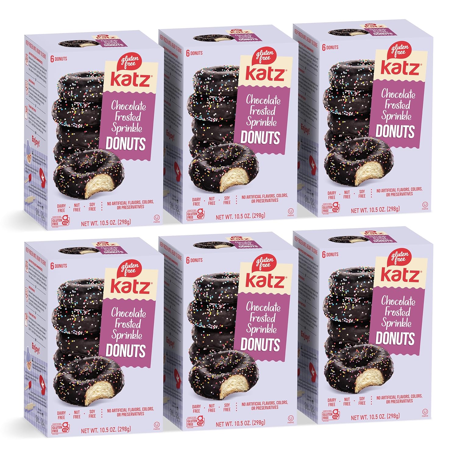 Katz Gluten Free Chocolate Frosted Sprinkle Donuts. No Artificial Color Free of Soy, Sesame, Dairy, and Nuts. Kosher 10.5oz (3pk)