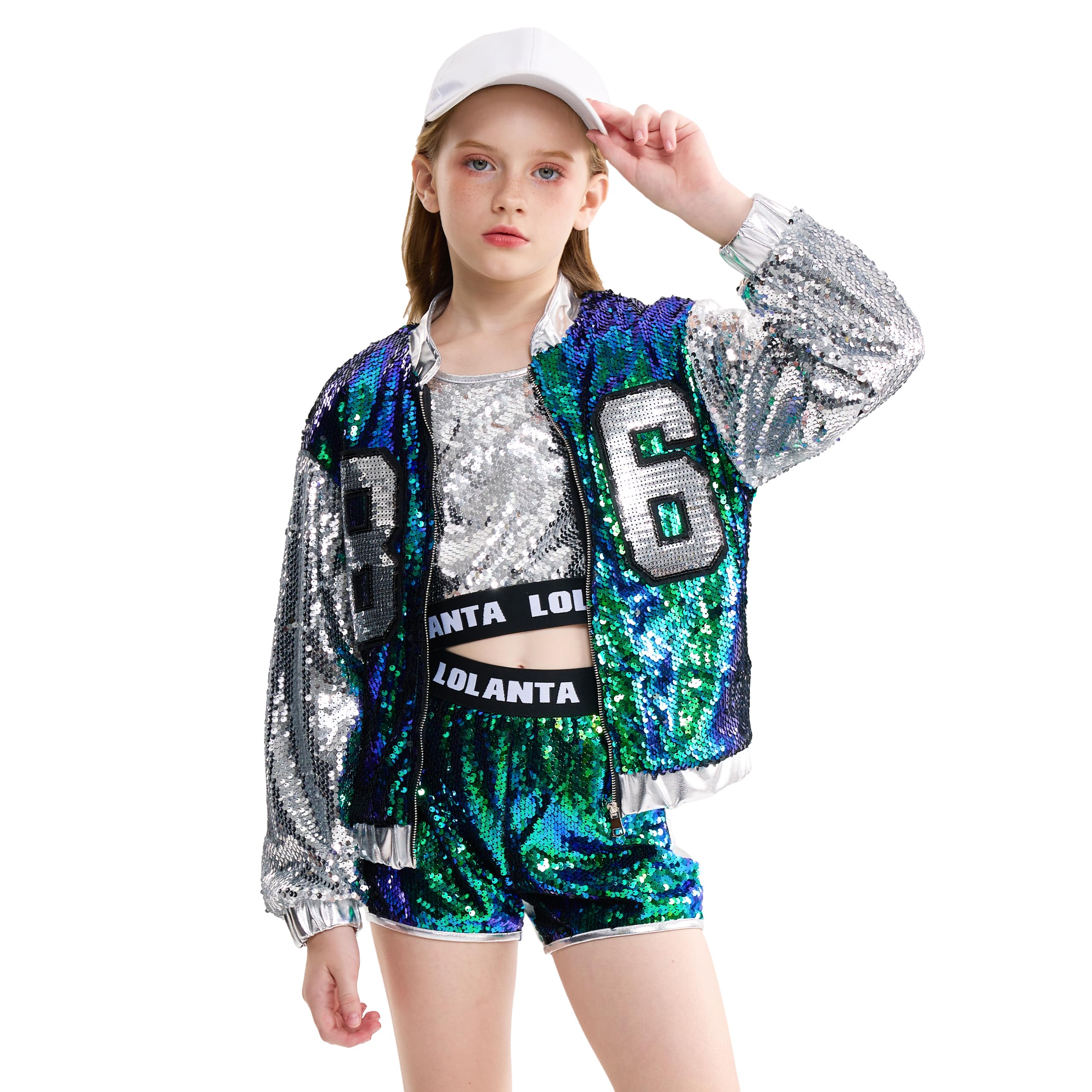 LOLANTA 4 Piezas de niñas Hip Hop Dance Costume Kids Lentejuelas Jazz Dance Clothes Set Calcetines adjuntos, 4-15 años