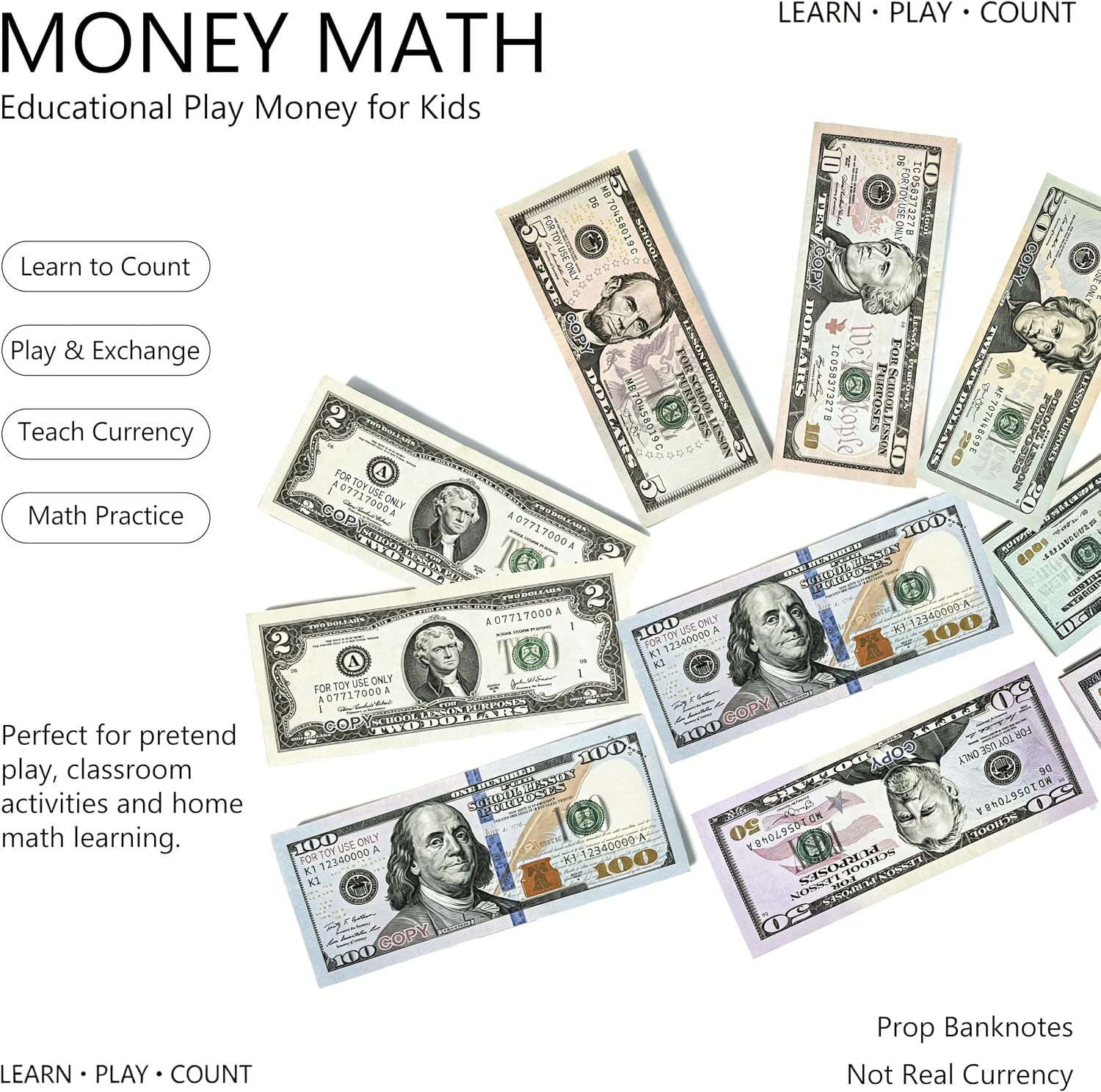 350pcs Educational Play Money for Kids Math Learning Pretend Play | Thick Clear Print Single Sided Prop Cash For Classroom Board Game Party Movie Decor