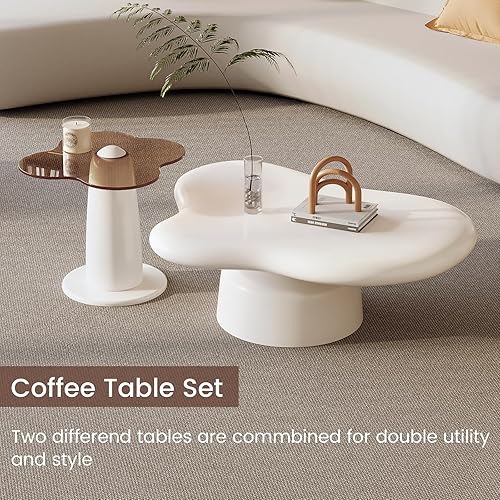 Miniatura 4 de Juego de 2 mesas auxiliares y mesa auxiliar nesting de nube, mesas centrales blancas irregulares modernas para sala de estar, mesas auxiliares de