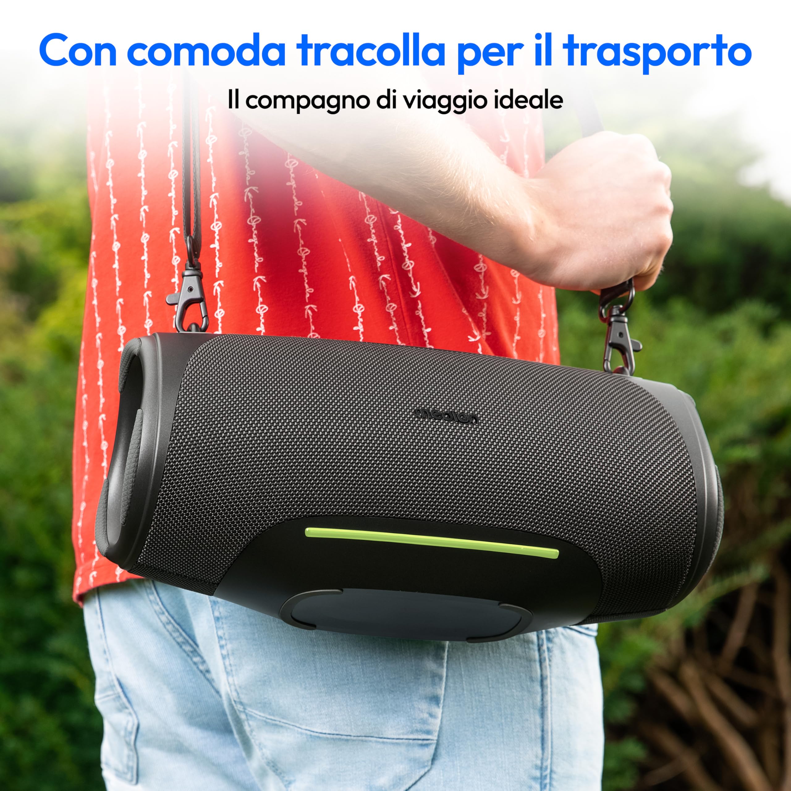 MEDION Altoparlante Bluetooth portatile P61762 (batteria ricaricabile, potenziamento dei bassi, effetti luminosi RGB, protezione dall'acqua IPX7 e robustezza, power bank integrato, 2x 25 W RMS) Blu