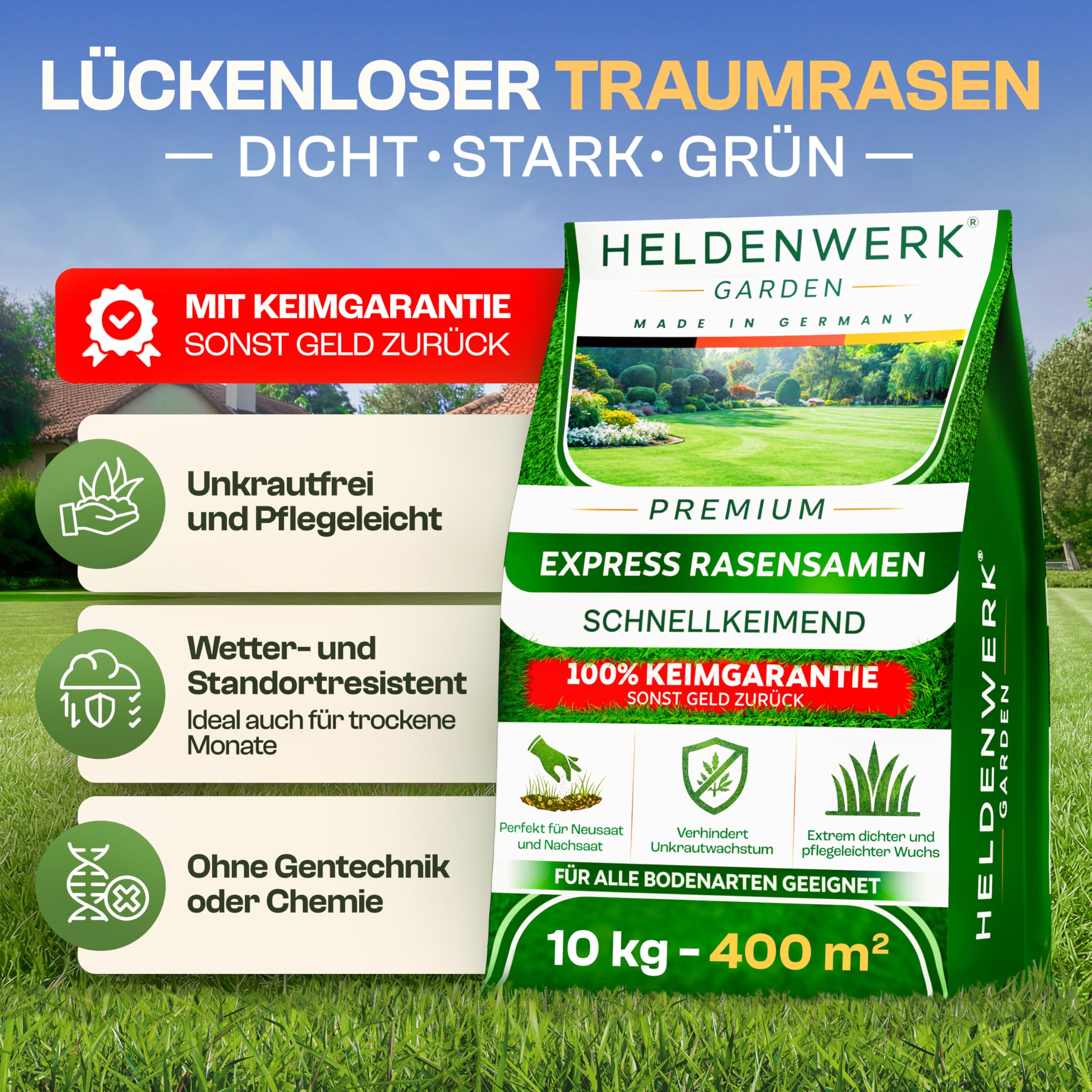 HELDENWERK® Graines de gazon à germination rapide - 10 kg/400 m² - Été - 100 % garantie germination - Pour les conditions météorologiques allemandes - Graines d'herbe pour post-semis et neusemis