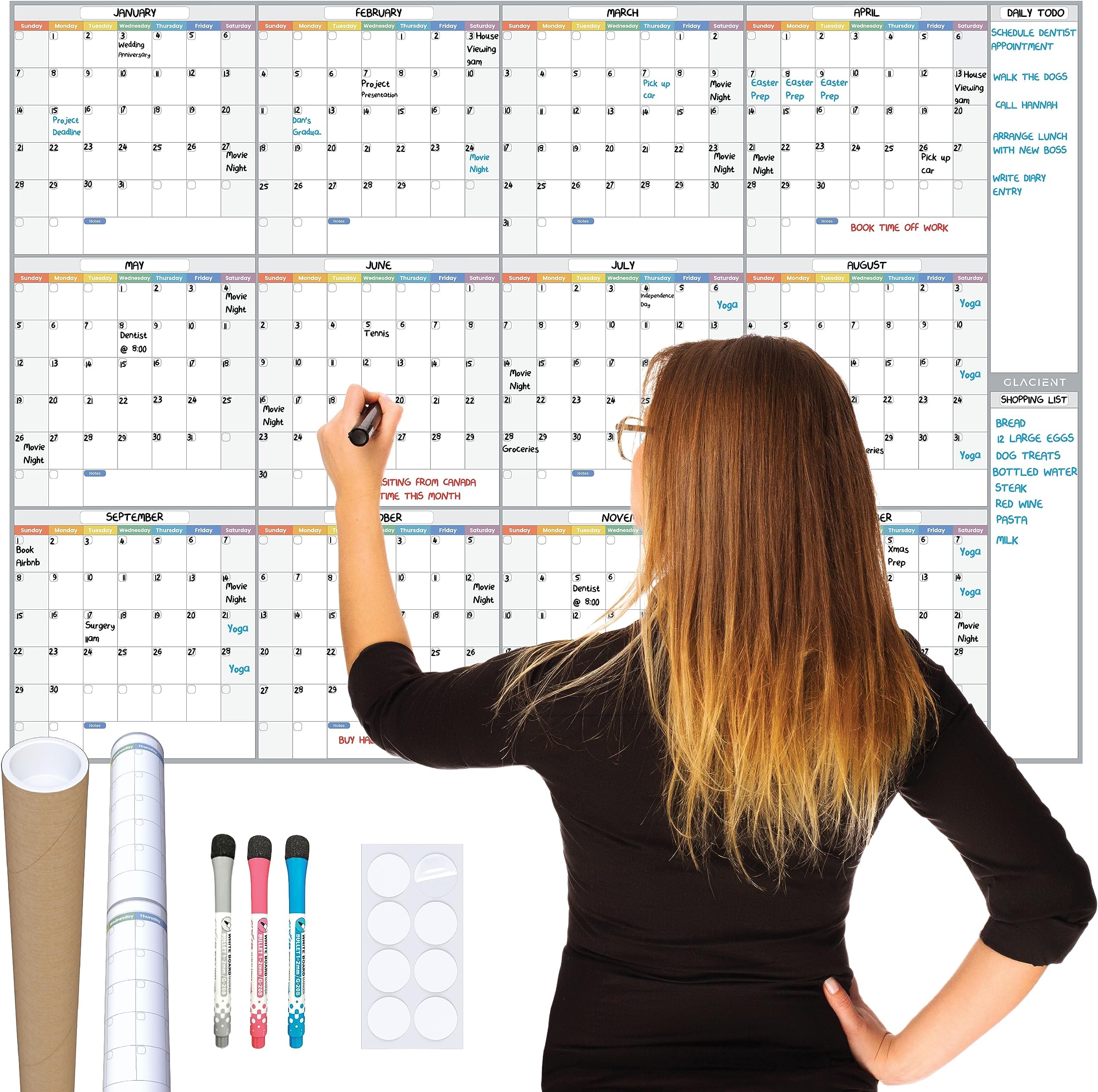 Extra Large Reusable Wall Planner Set A0 (118 x 84cm) Thick Laminated 12 Month Undated Wall Calendar Markers & Adhesive Dots for Mounting Home Office