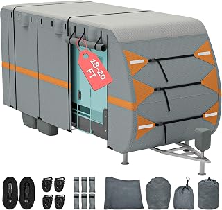 DWVO 18-20FT Travel Trailer Cover RV Cover Camper Cover Super Thick Waterproof Windproof Anti-UV Rip-Stop Motorhome Covers with 2 Long Straps 4 Tire Covers Tongue Jack Cover