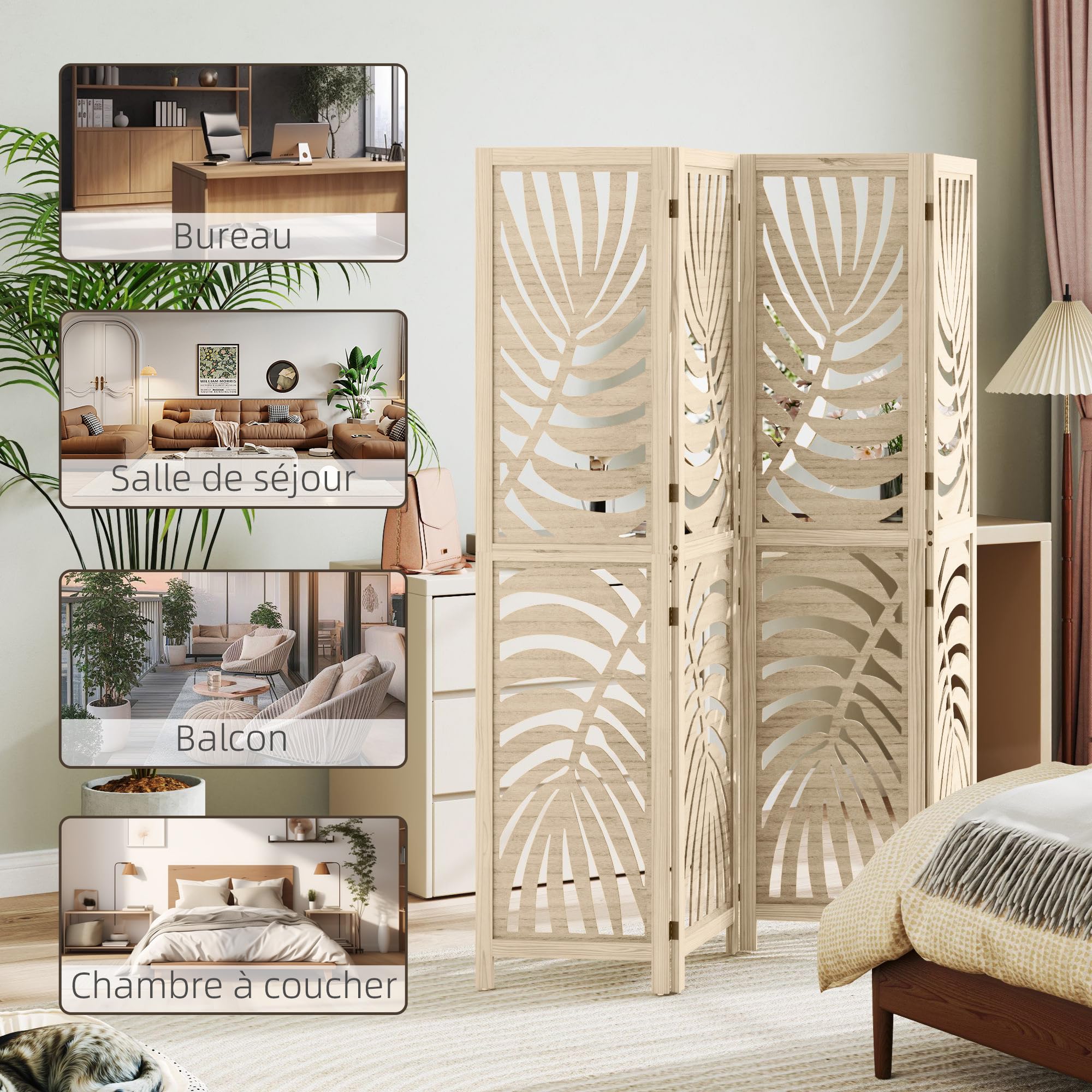 HOMCOM Paravent Intérieur en Bois 4 Panneaux 160 x 170 cm, Séparateur de Pièce Pliable et Portable, Motif de Feuille, Cloison de Séparation Amovible pour Salon, Chambre à Coucher, Maison, Bois Naturel