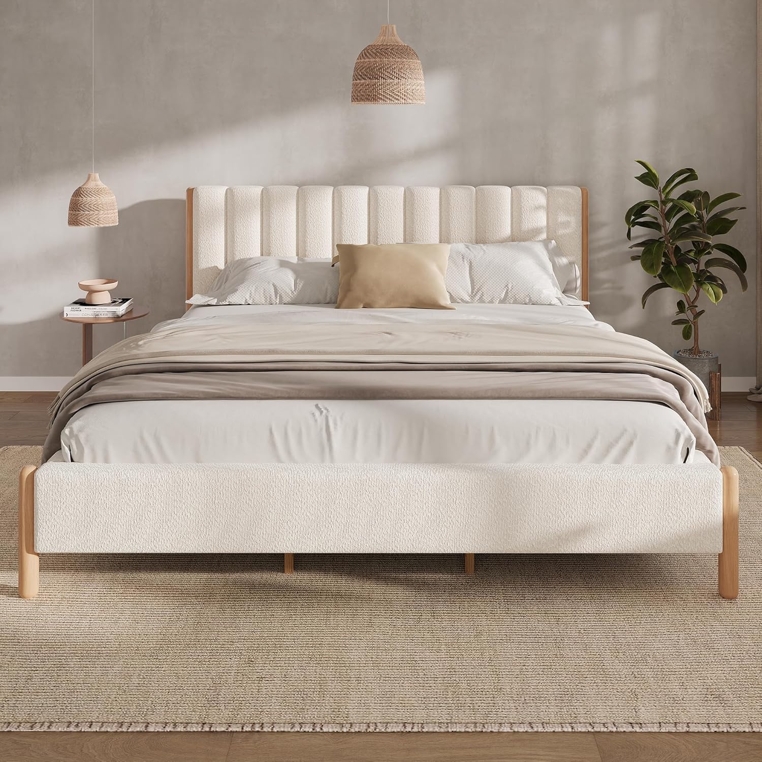 Merax Queen Size Bed Frame with Boucle Upholstered Thick Headboard, Solid Wooden Legs, No Box Spring Needed, for Bedroom Apartment, White