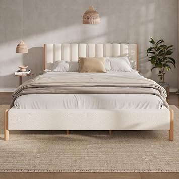 Merax King Size Bed Frame with Boucle Upholstered Thick Headboard, Solid Wooden Legs, No Box Spring Needed, for Bedroom Apartment, White