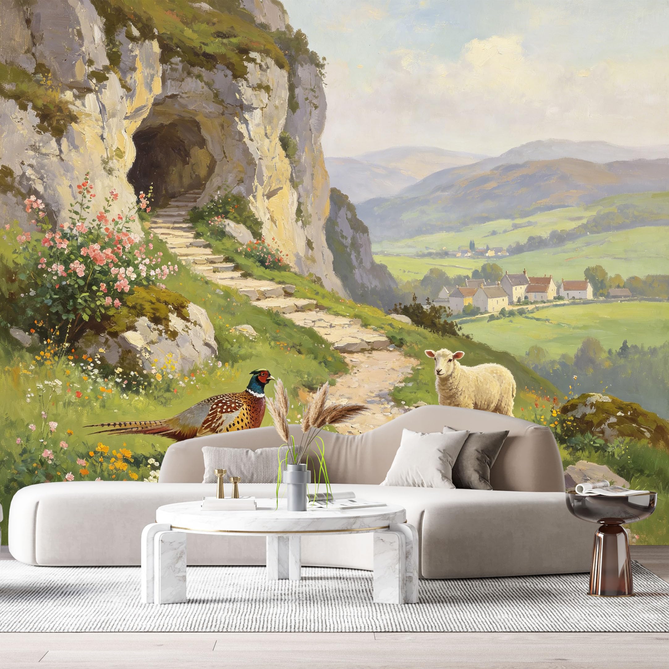 Custom Size Wall Murals Pheasant Sheep Farmhouse Landscape Oil Painting Countryside Stone Path SelfAdhesive Wall Fabric Removable Large Wallpaper for Photo Living Room