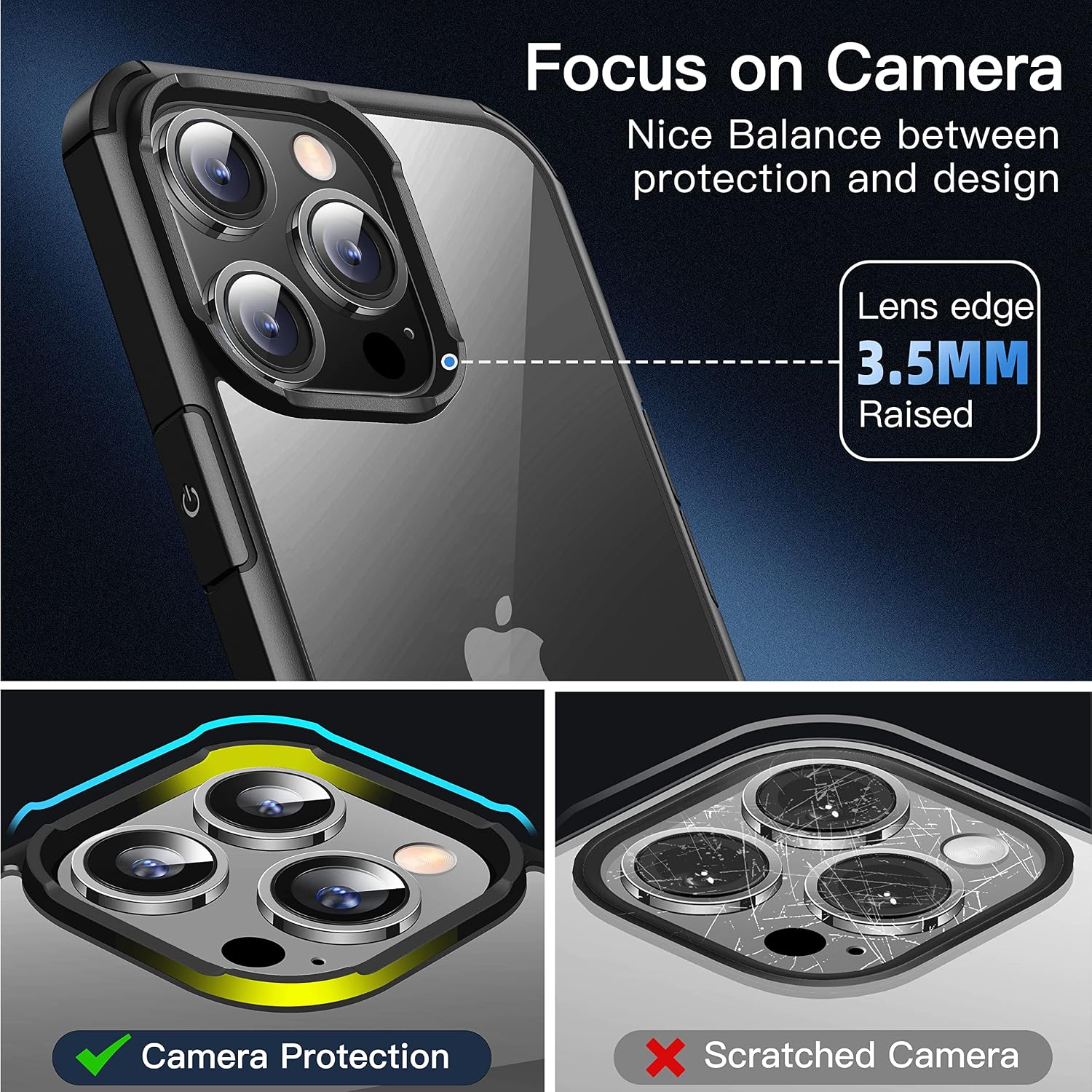 CASEKOO Designed for iPhone 13 Pro Case, [10FT Military Grade Drop Tested] Clear Shockproof Protective Durable Slim Phone Case Transparent Hard Back and Soft Non-Slip Bumper Case 6.1 inch- Black