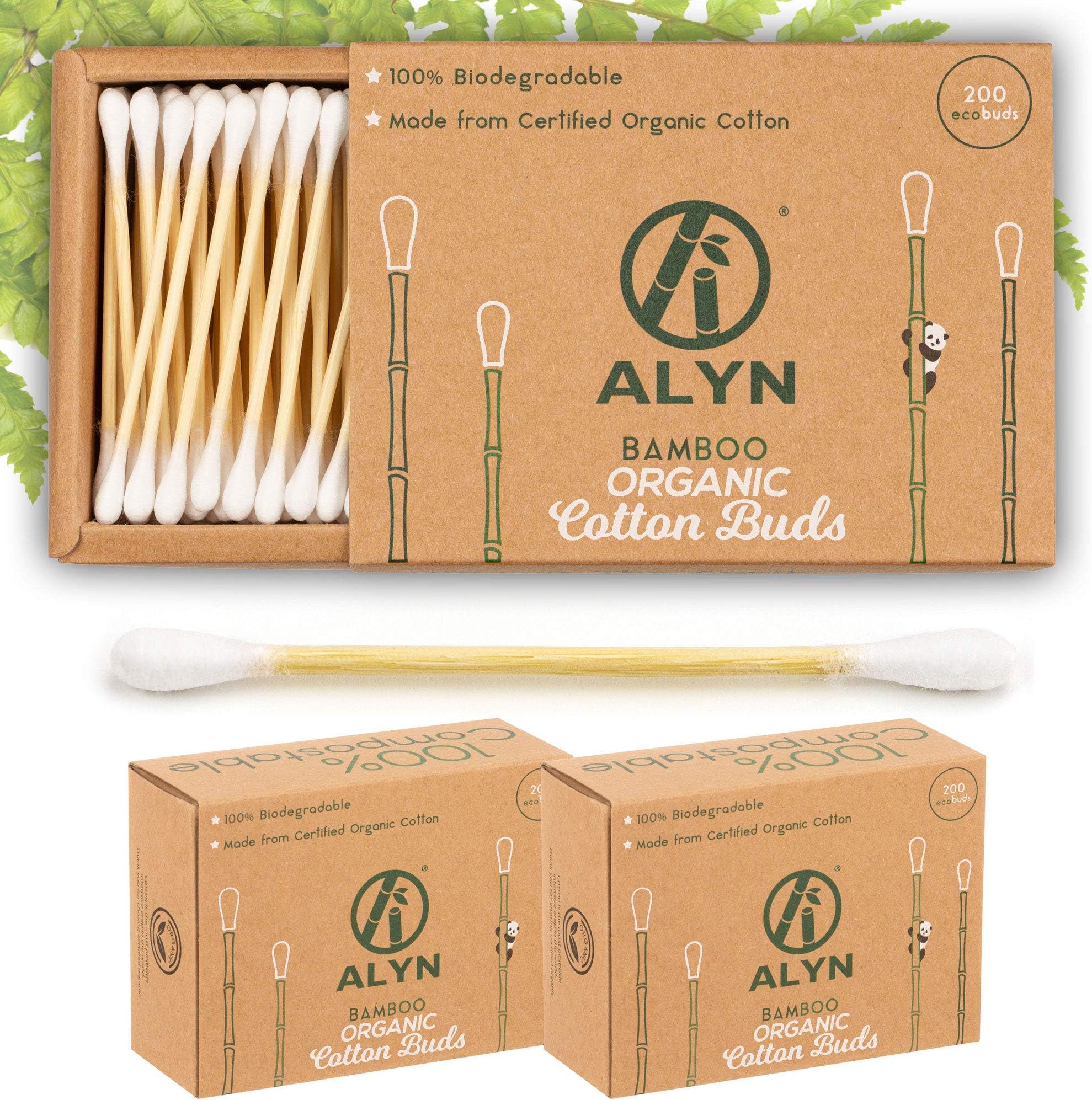 Alyn Bamboo Cotton Buds | Pack of 2 (400 Pieces) | Organic GOTS Certified Wool | 100% Biodegradable Wooden Ear Swabs | Sustainable & Vegan Qtips | Plastic Free Environmentally Clean Packaging