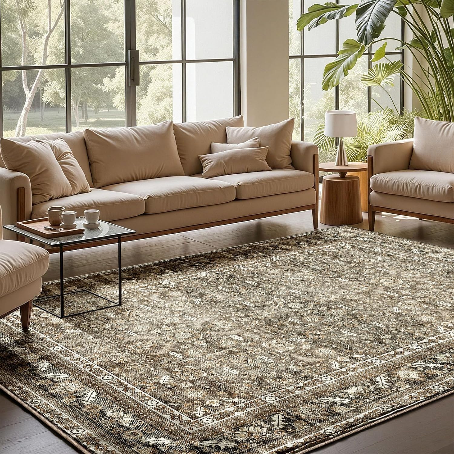 Tapis de salon facile d'entretien vintage oriental marron 110x180