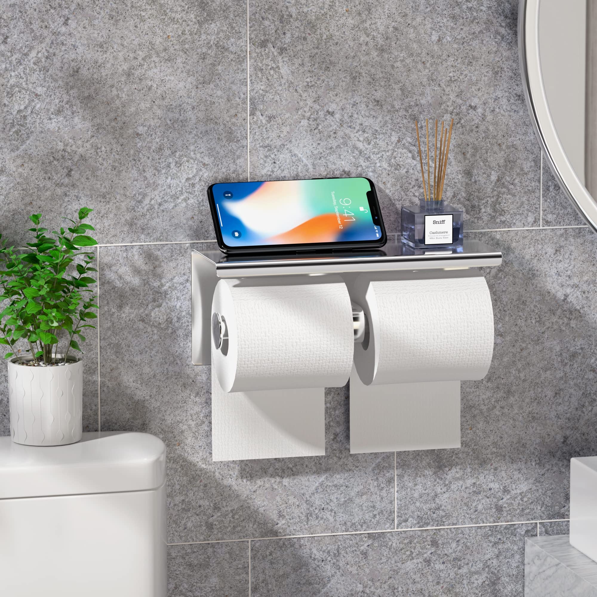 Soporte doble para papel higiénico -SUS 304 de acero inoxidable con estante de almacenamiento para teléfono (cromo pulido) 7