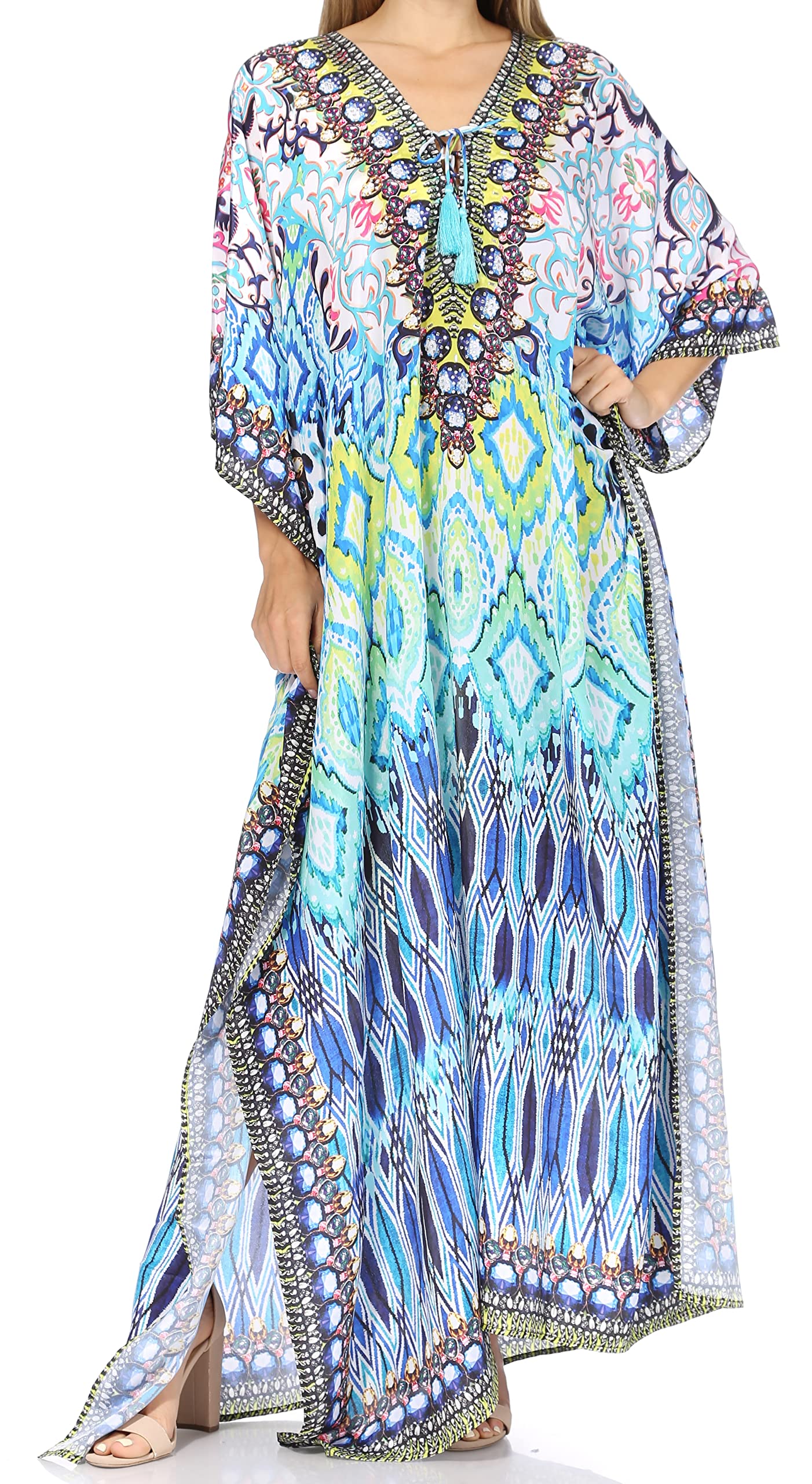 Sakkas Georgettina Flowy Rhinestone V Neck Long Caftan Dress/Cover Up