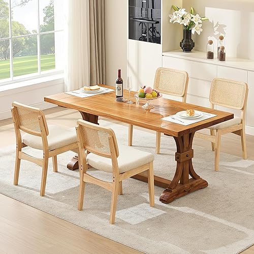 Miniatura 7 de Juego de 2 sillas de comedor de ratán, modernas sillas de comedor de granja con patas de madera maciza, sillas de cocina tapizadas con respaldo de
