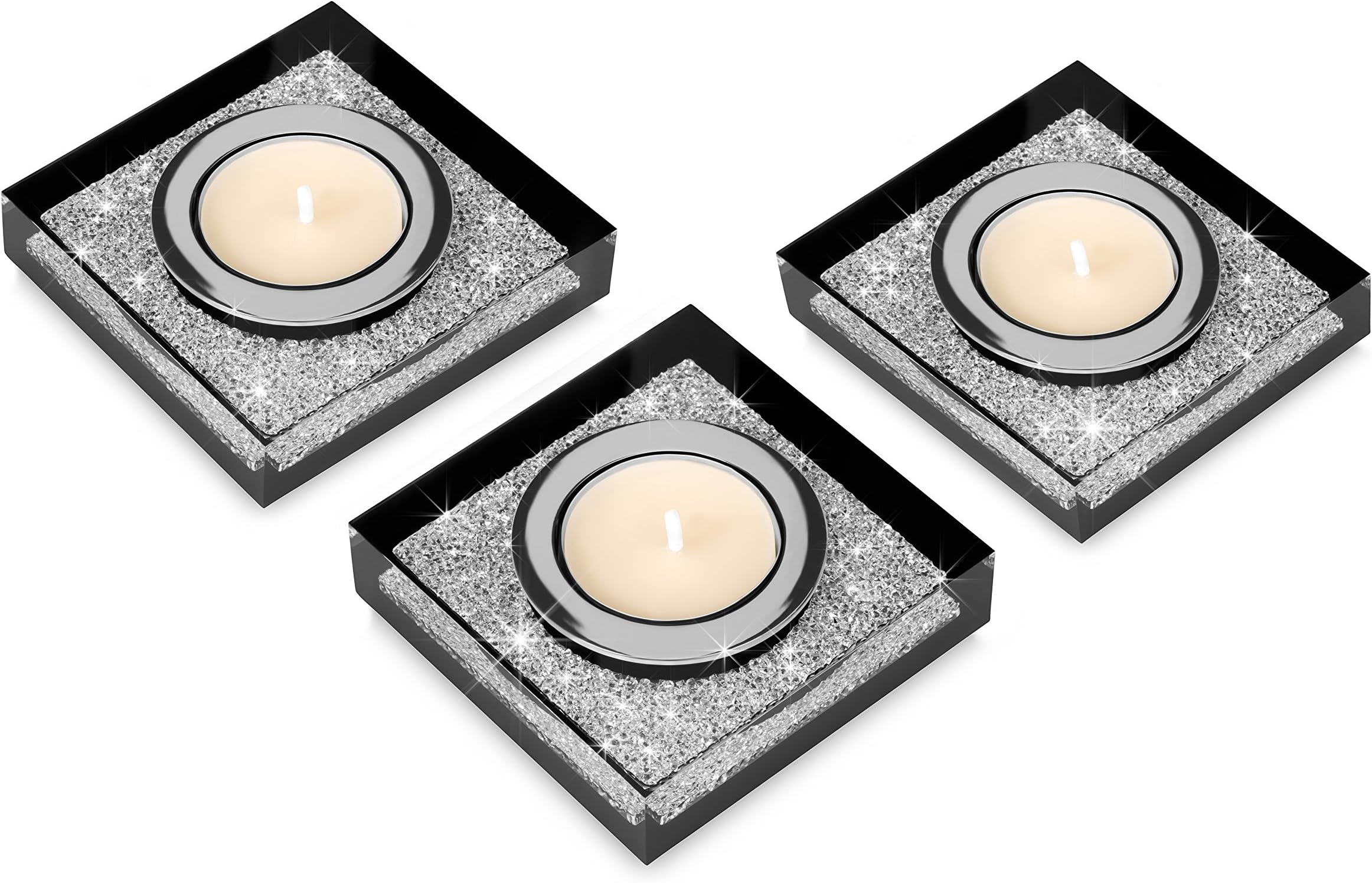 Deluxe tea light candle-holder Lotus 1 / Embellished Crystals/a shimmering table decoration (3-Piece Set, Black)