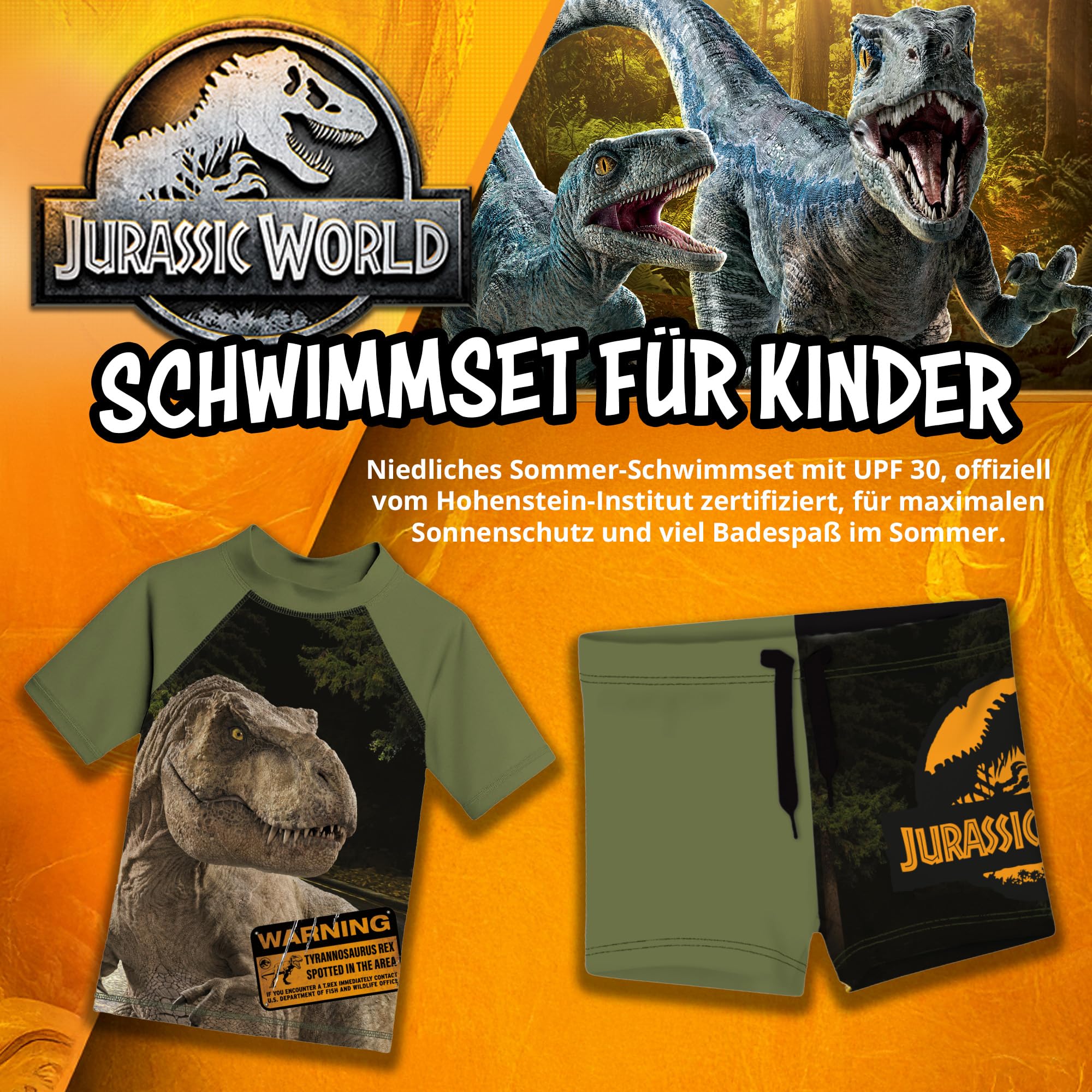 United Labels Jurassic World Maillot garçon 2 pièces Anti-UV 30, Vert, 122/128, T-Shirt + Short