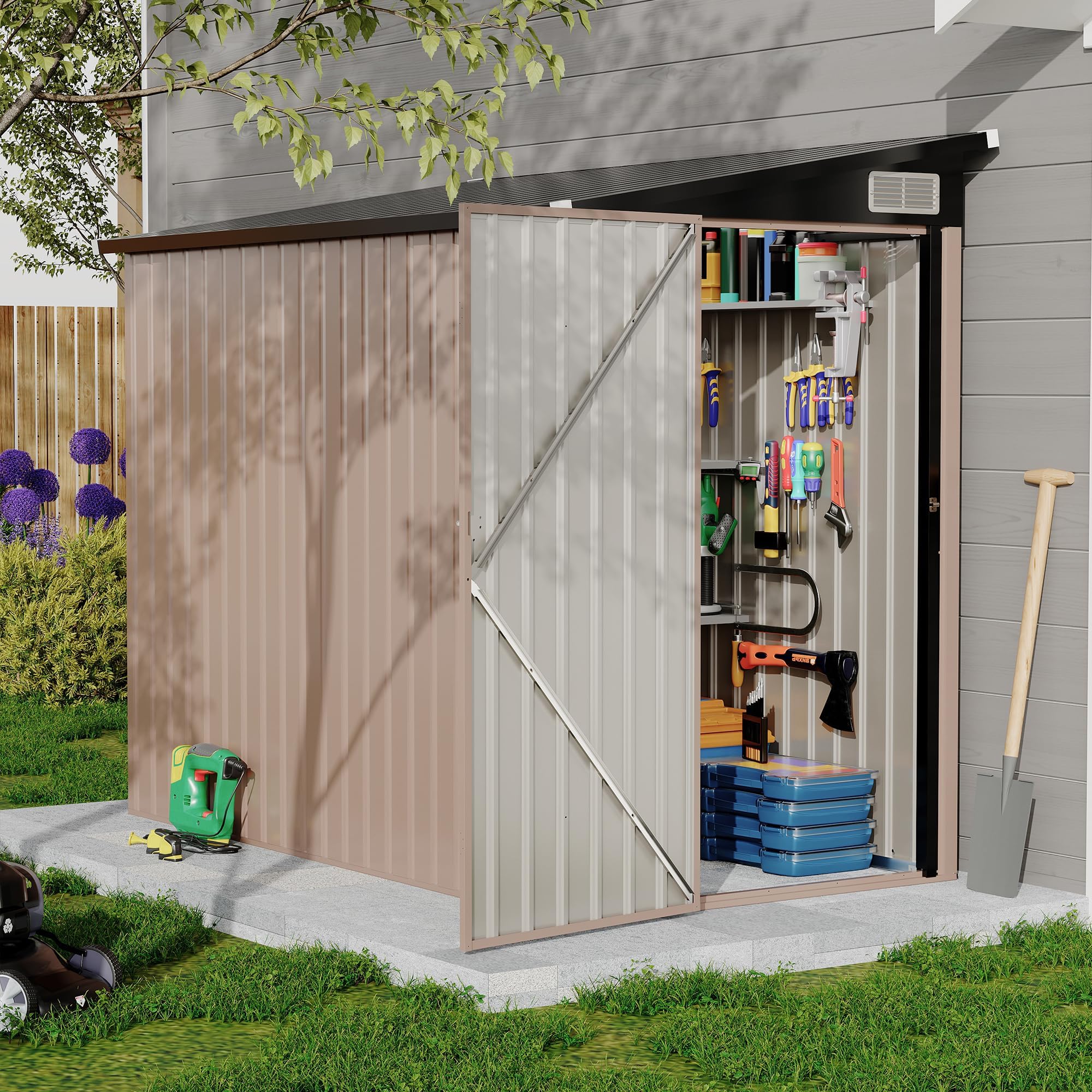 Garvee Abri De Jardin Métallique 1.2x2.4m, Remise Extérieure Adossée | Rangement Polyvalent pour Outils, Robuste Et Étanche, Poubelles Et Vélos, Idéal pour Terrasse Et Jardin