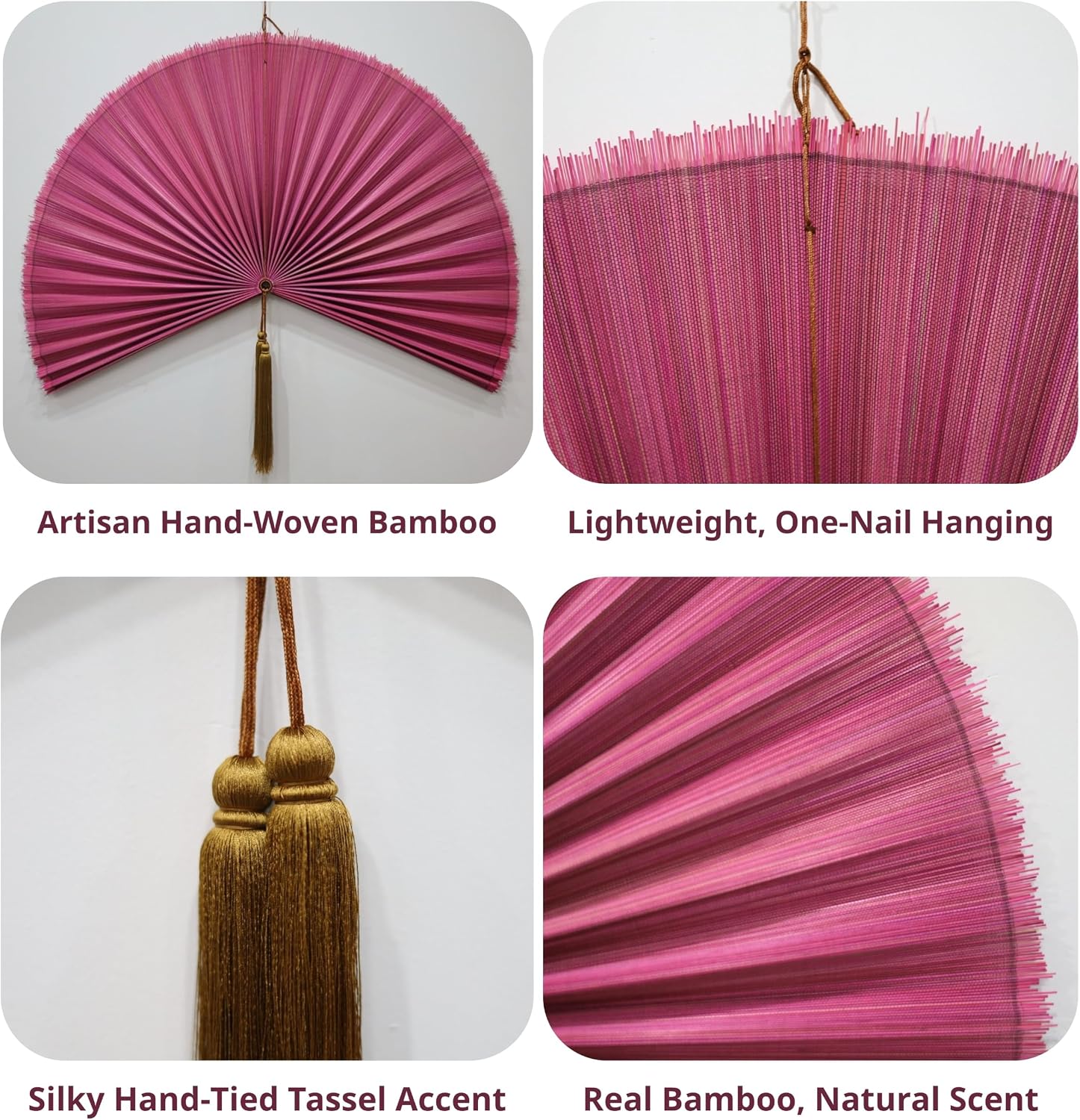 SUCHUBU Pink Bamboo Wall Fan, 31" Boho Wall Hanging Fan For Bedroom